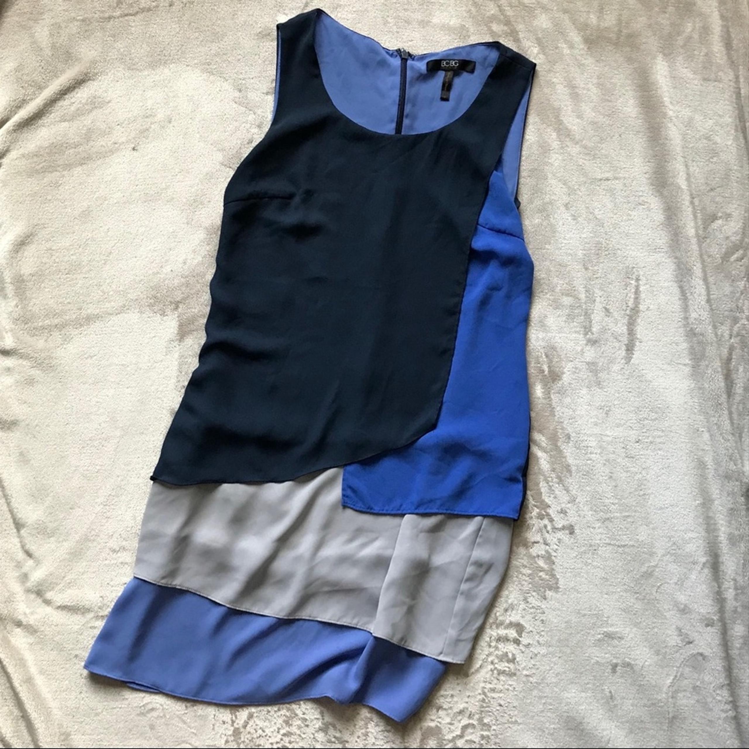BCBG Maxazria Haley Blue Colorblock Tiered Cocktail Sleeveless Mini Dress XS