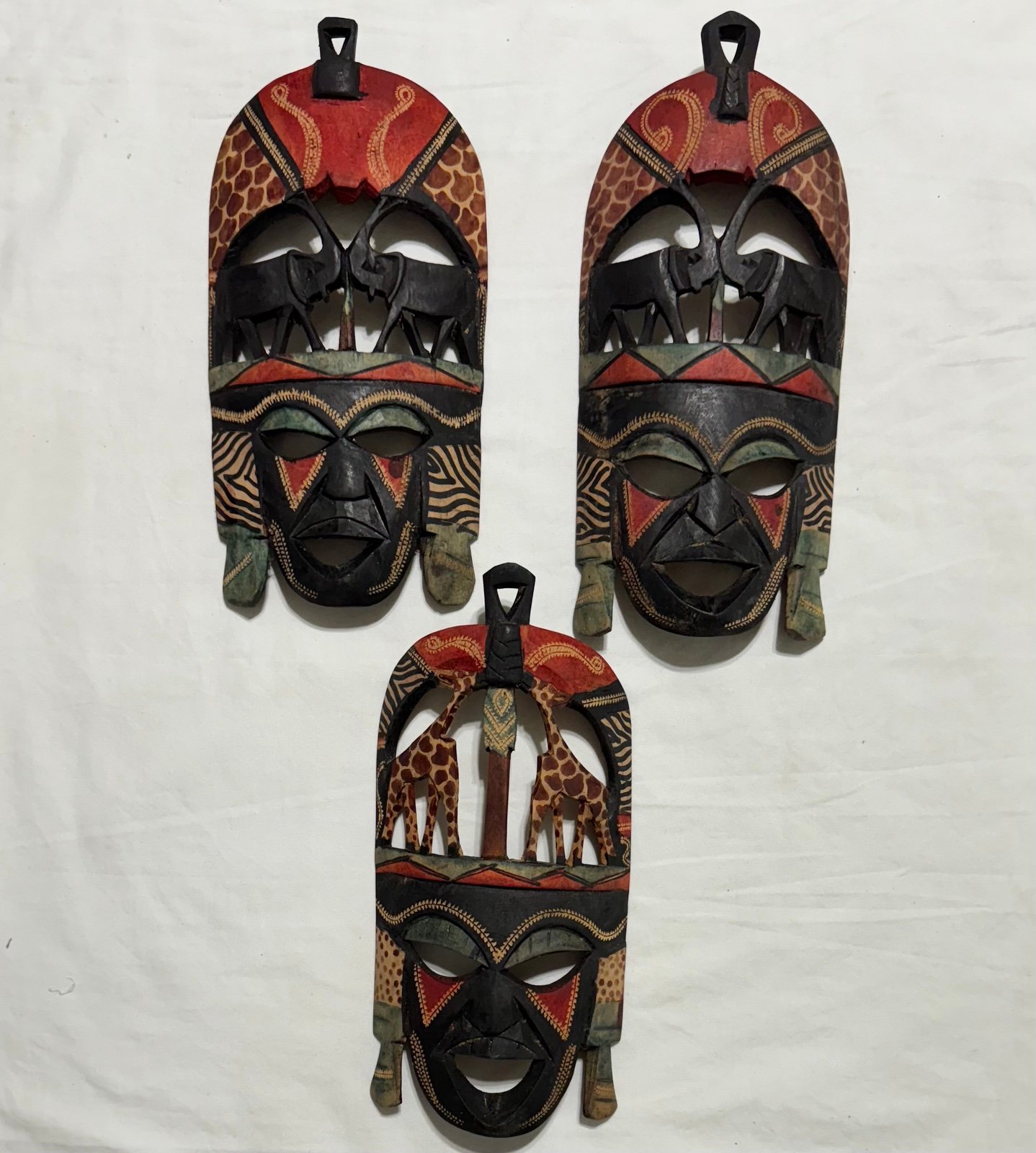 Set of 3 Hand Carved in Kenya Wooden Wedding Friendship African Masks 12.5” Tall