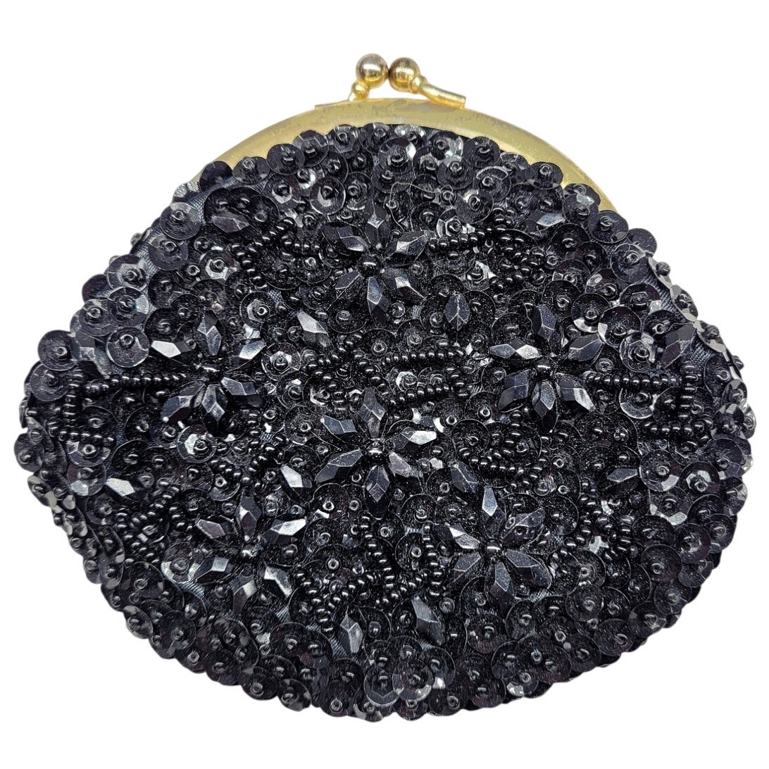 Vintage Black Beaded Round Kiss Lock Coin Purse Handbag