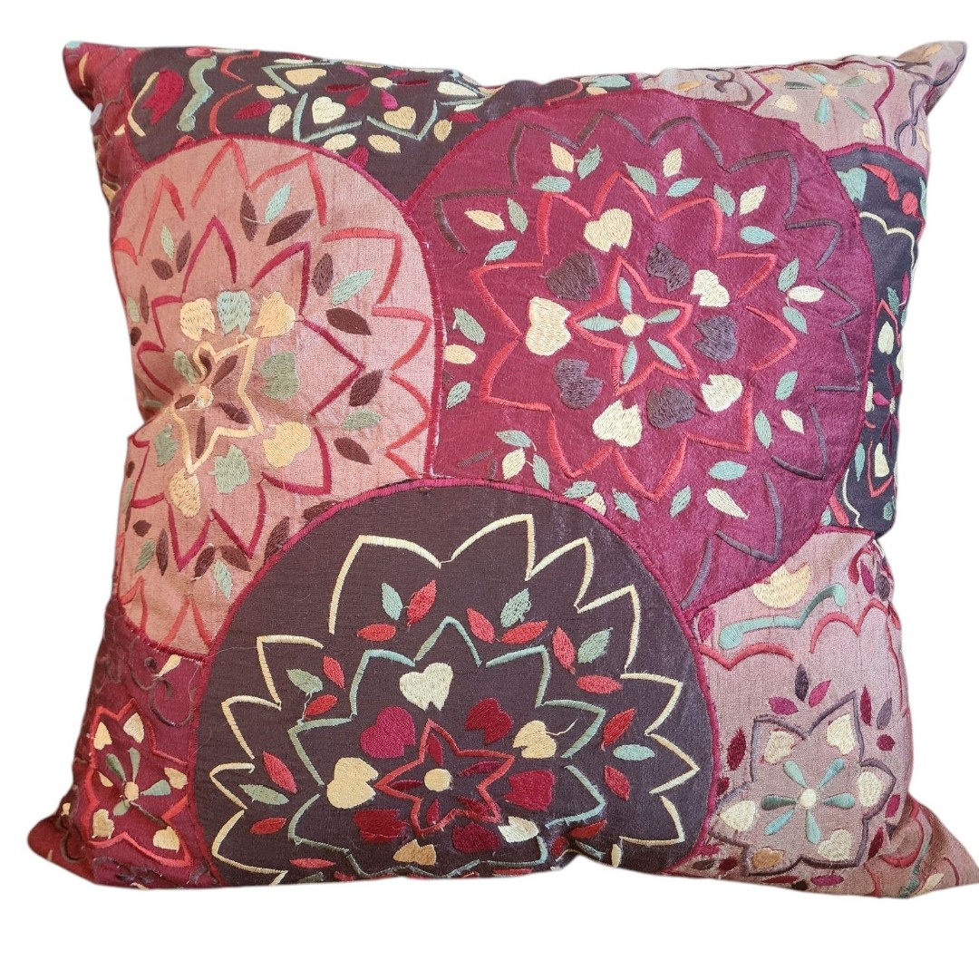 PIER 1 IMPORTS Floral Embroidery Burgundy Flowers 17” Throw Pillow Cotton Blend