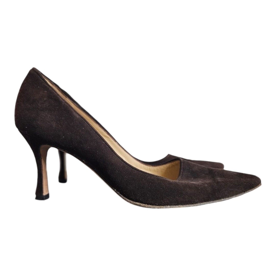 Manolo Blahnik Dark Brown Suede Leather Mid Heels Pointed Toe EU 36.5 US Sz. 6