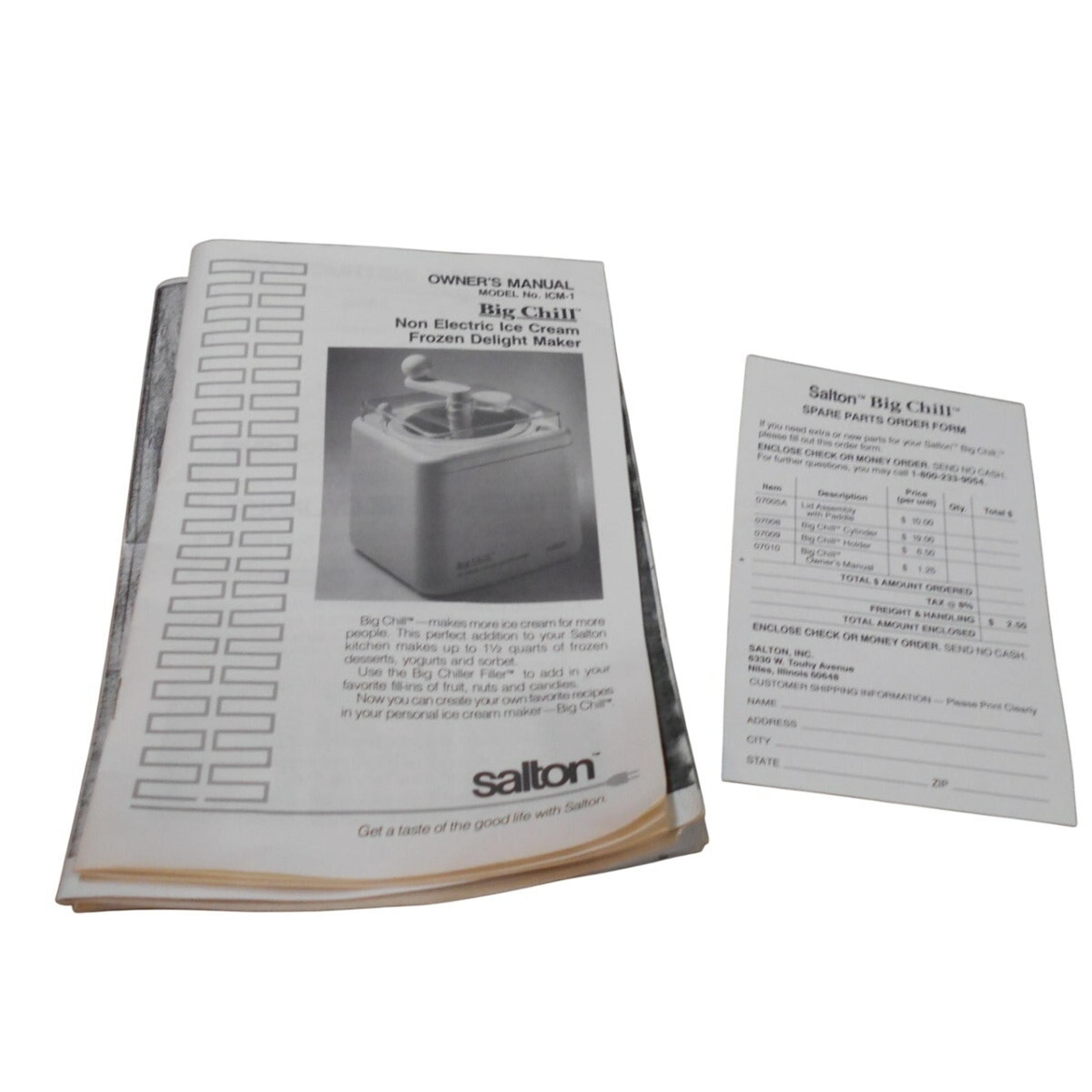 Salton Big Chill Ice Cream Maker Owner's Manual w/Recipes Model ICM1