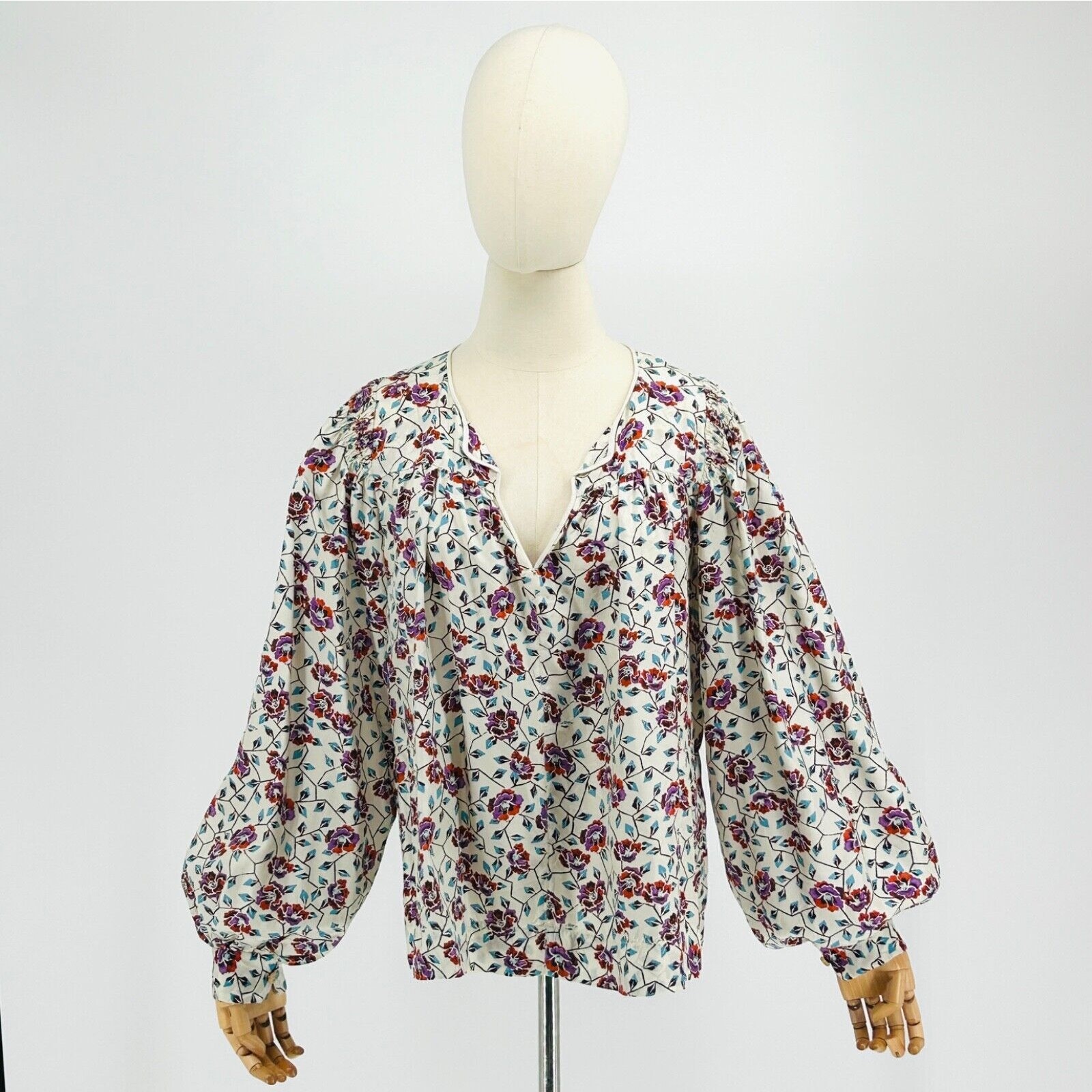 Isabel Marant SILK White Blouse W Blue Purple Floral Print + Balloon Sleeves