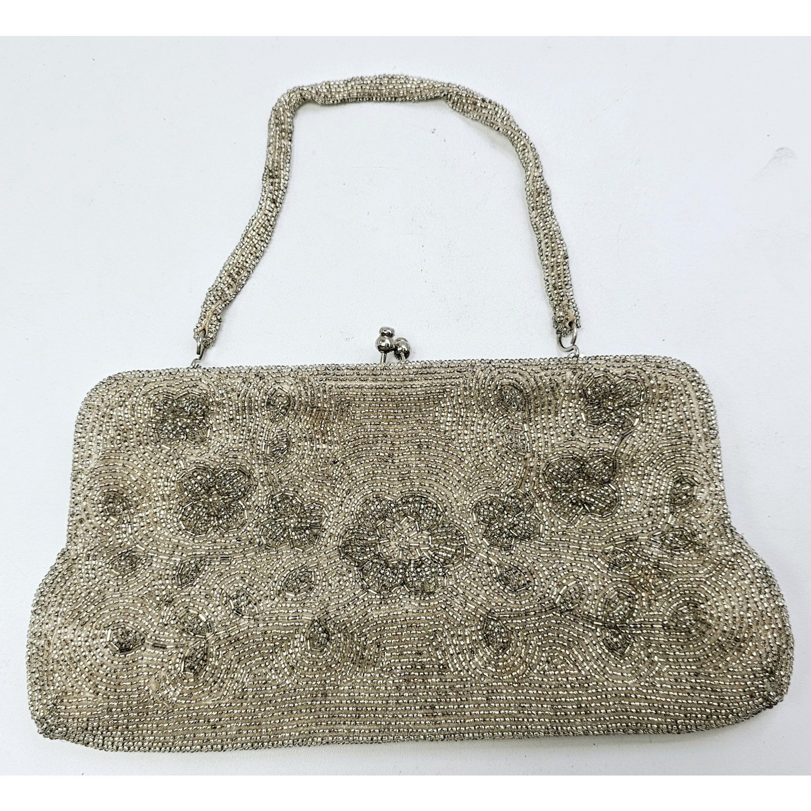 Vtg 1940's ADG Imports Japan Silver & Champagne Kisslock Evening Bag Clutch