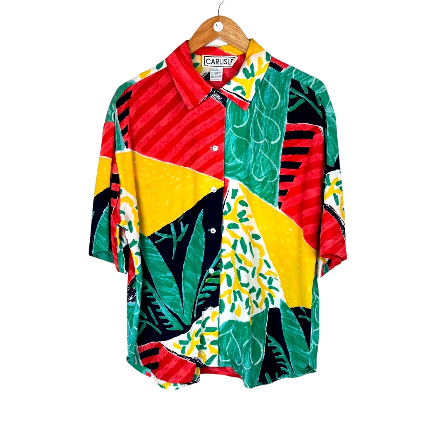 Vintage Carlisle 100% Silk Unisex Colorblock Short Sleeve Button Up Blouse Top