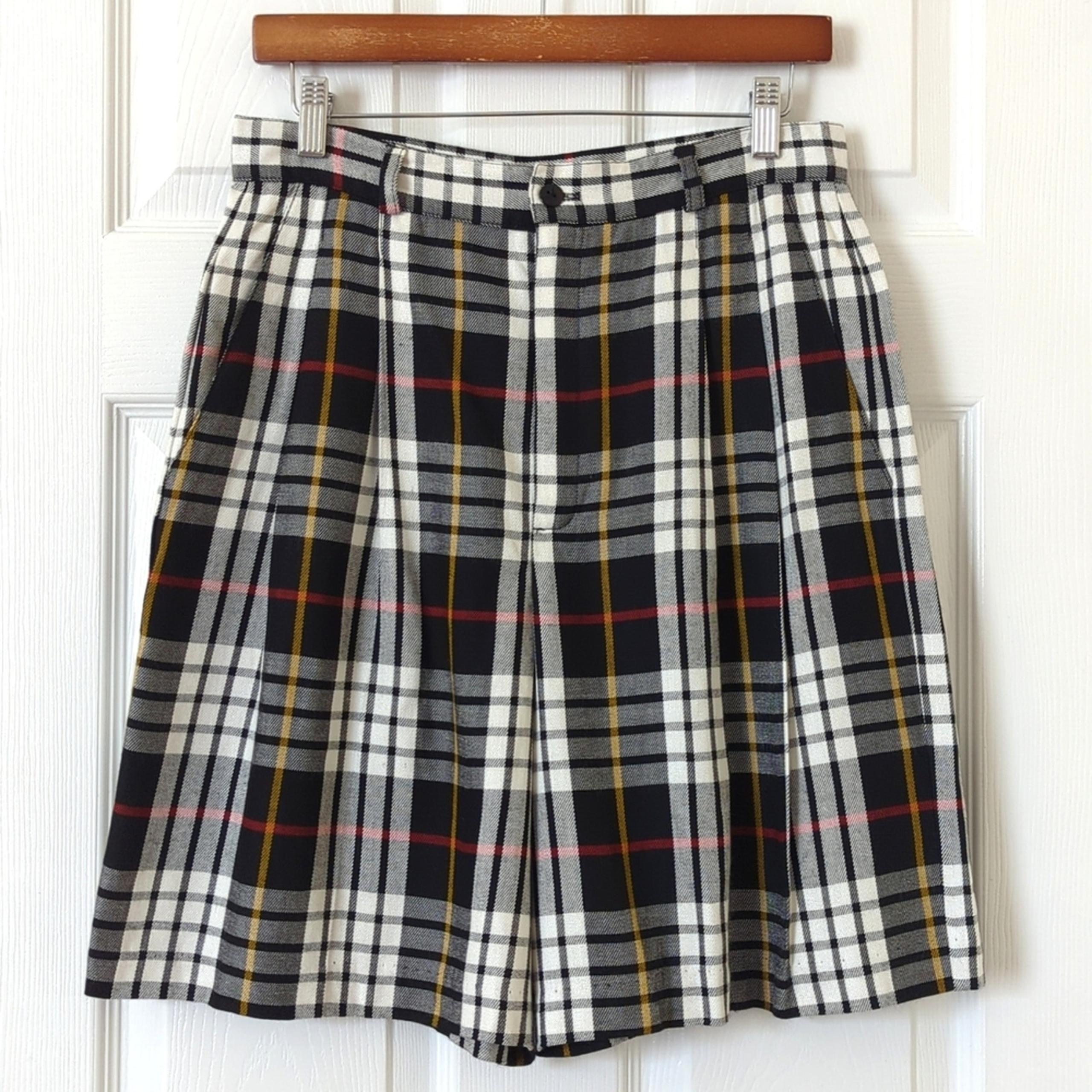 Rafaella 80's Vintage Preppy Plaid Pleated High Waisted Wide Leg Shorts Black 12
