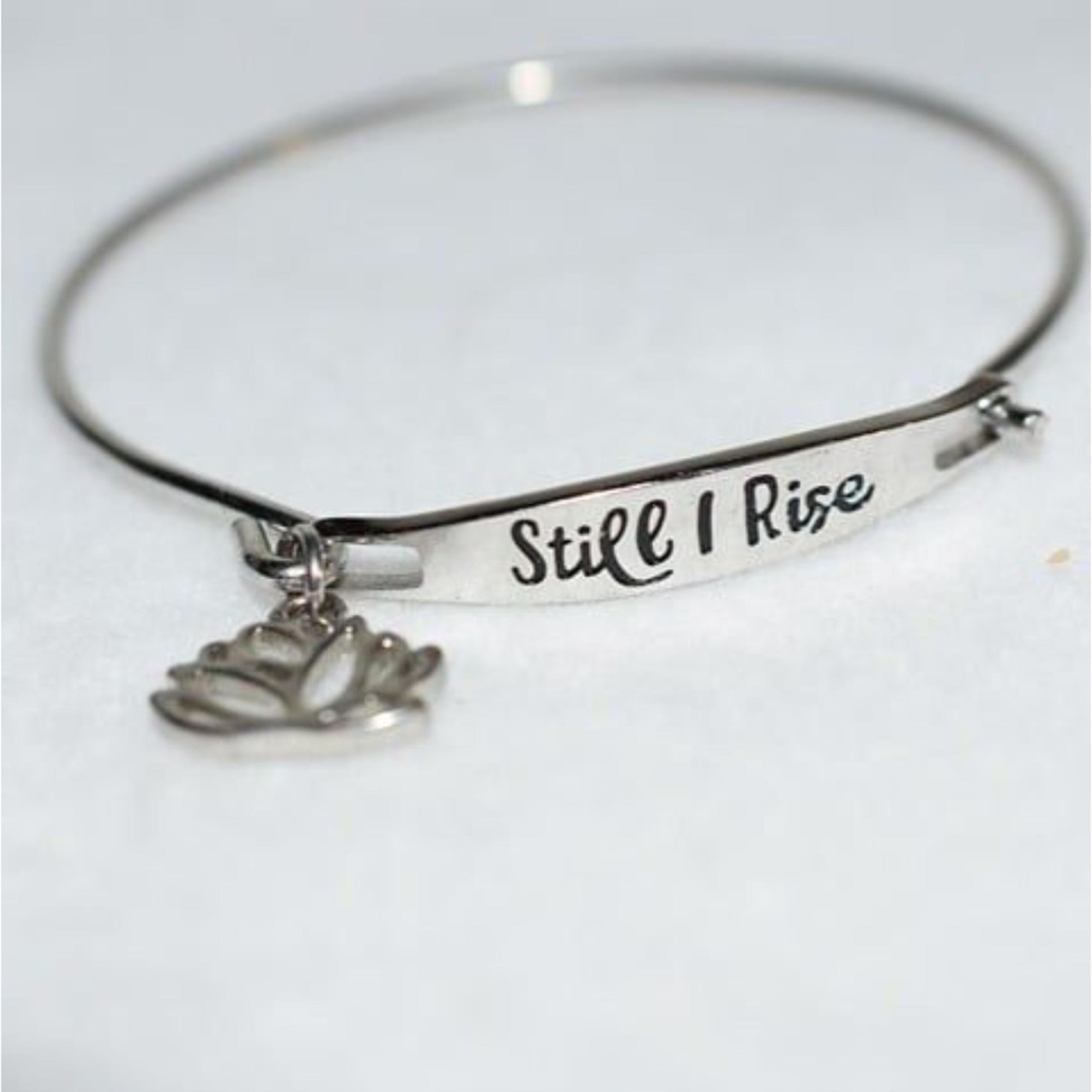 Hallmark Still I Rise Engraved Insirational Lotus Charm Stainless Steel Bracelet