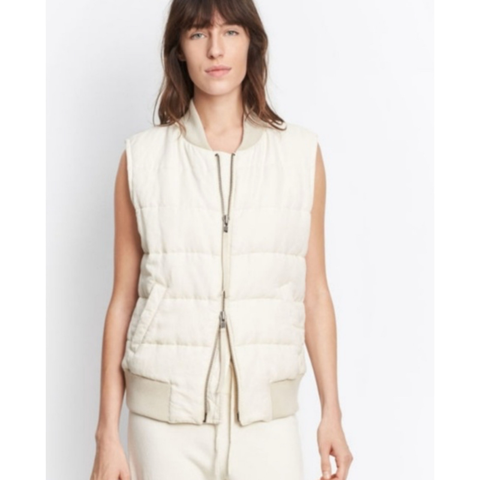 VINCE Quilted Cupro Linen Blend Ivory Full Zip Front Vest Casual Minimalist S