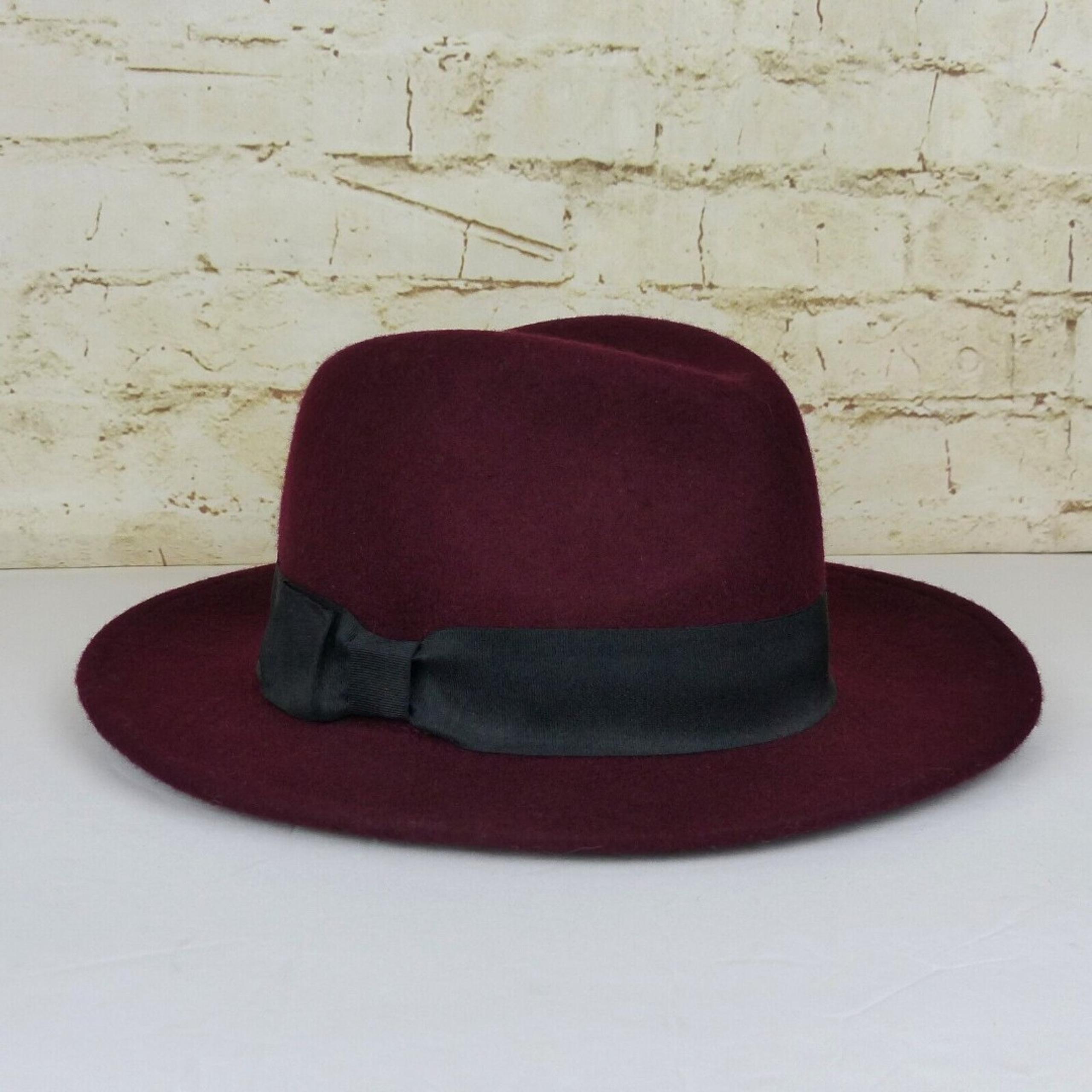 Target Womens 100% Wool Fedora Hat Burgundy Wide Brim Black Grosgrain Bow Band