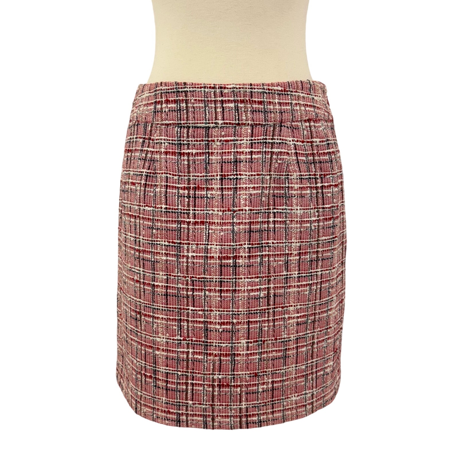Kate Spade Tweed Plaid Mini Skirt Pencil Straight Fit Pink Red Cotton Wool 2