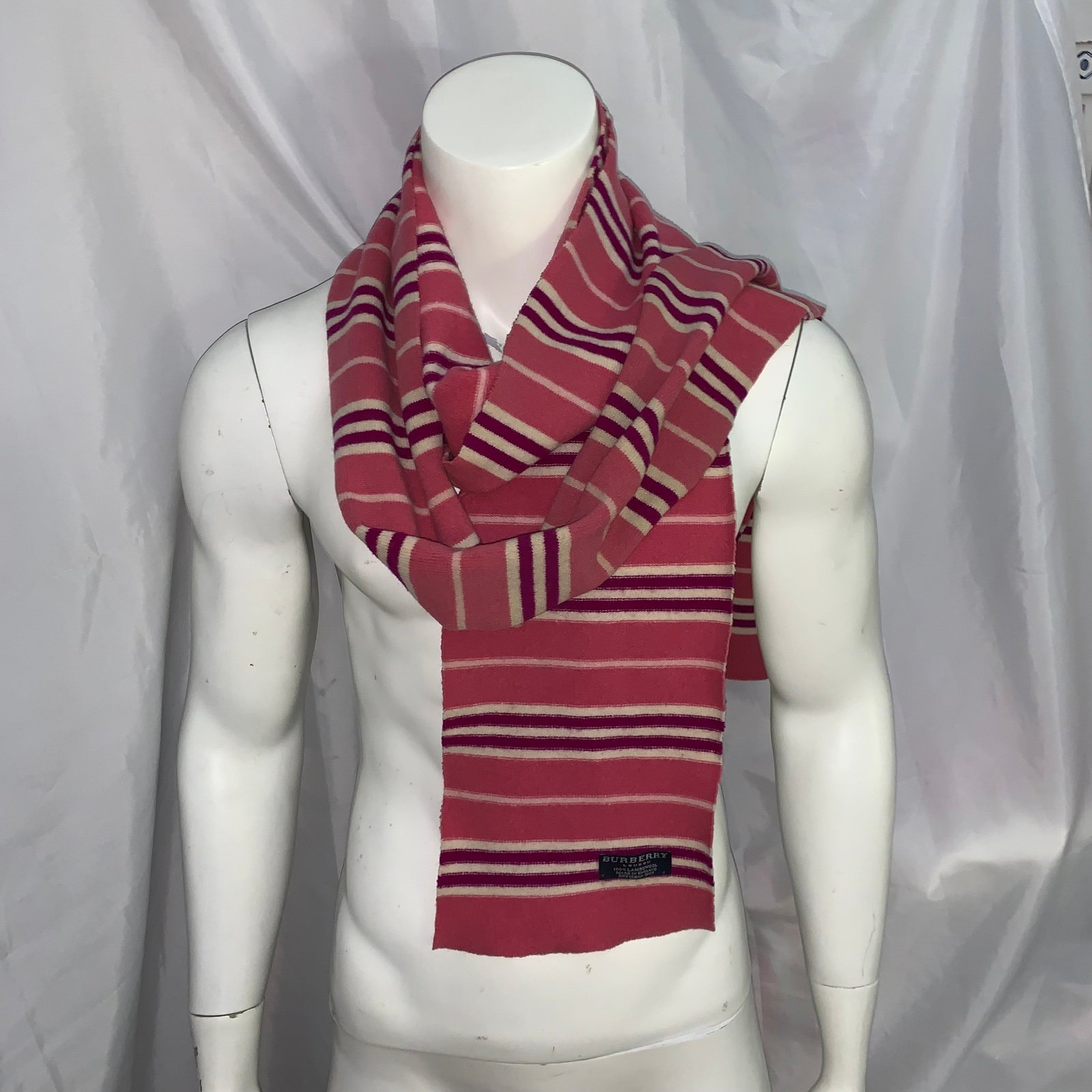BURBERRY pink/purple Rugby Stripe 100% LAMBSWOOL long scarf