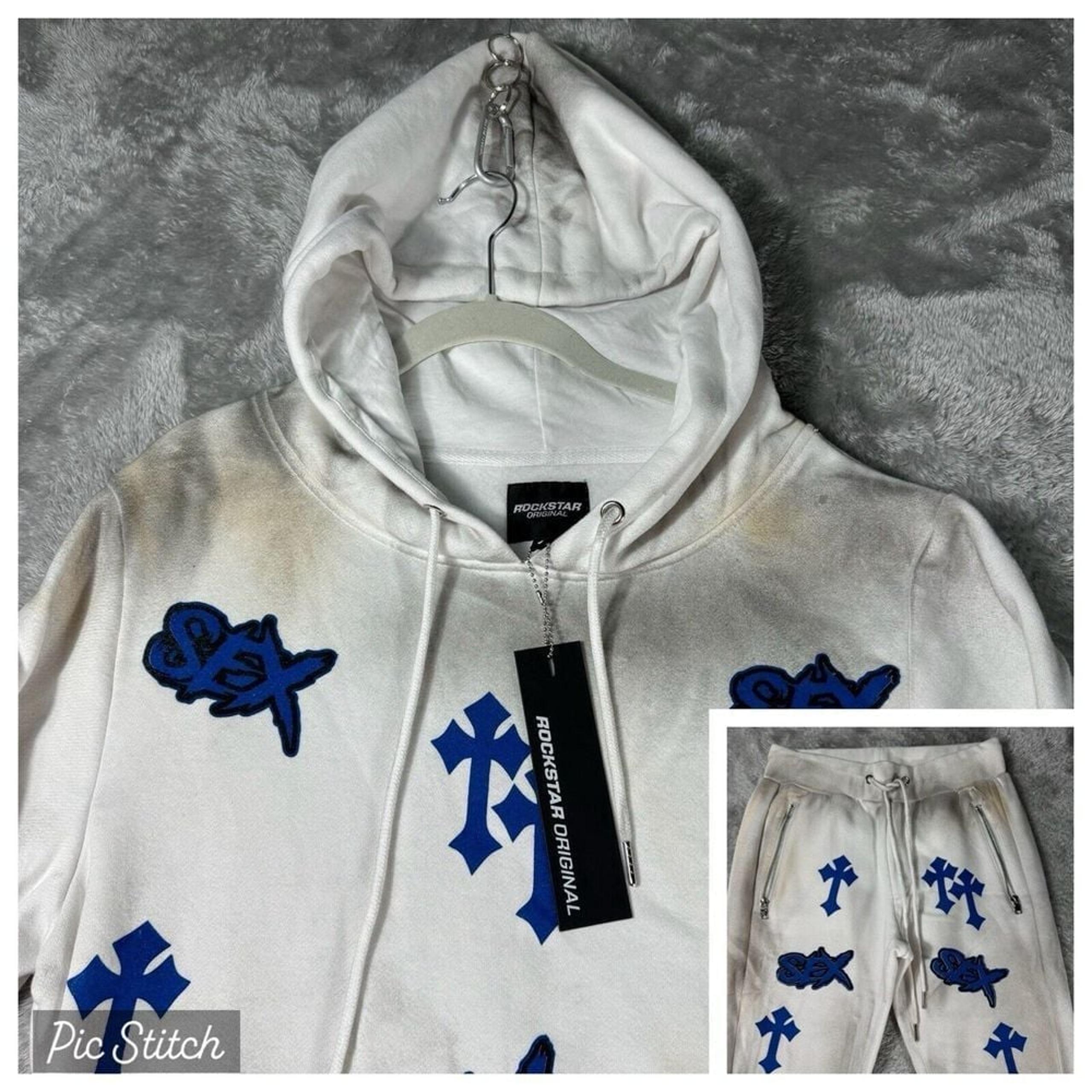 Rockstar Original Sweat Suit Mens S White Hoodie Pants Cross Spray Paint Retro
