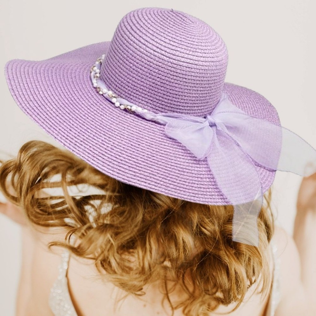Purple Straw Sun Hat Pearl Band Brim Casual Womens Beach Vacation Accessory