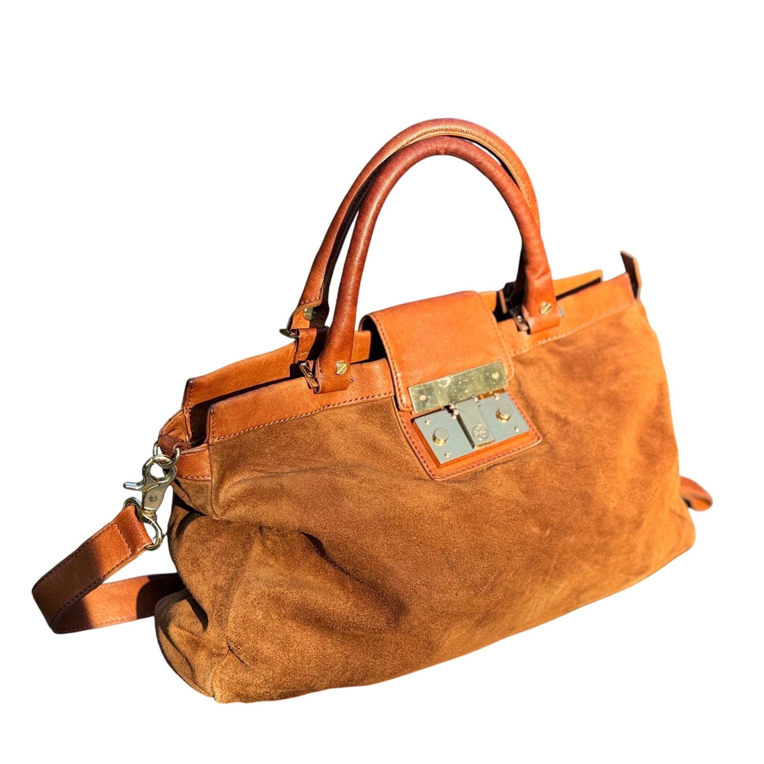 Tory Burch Satchel Suede Leather Top Handle Crossbody Bag Designer Brown Large