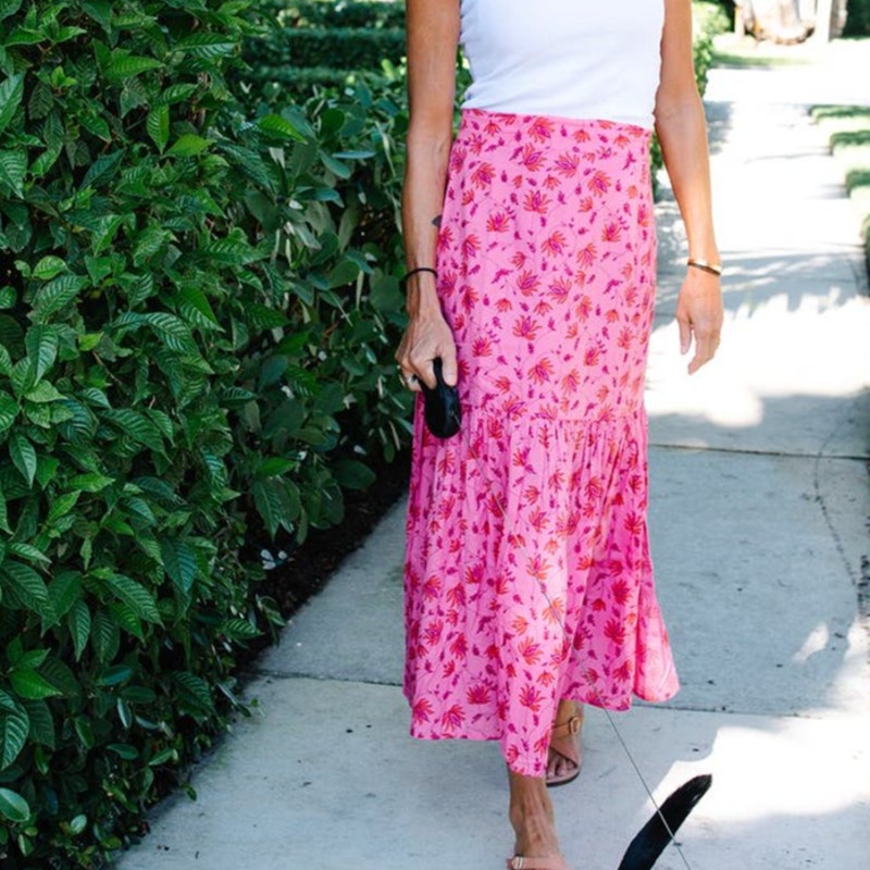 Perry Walker Collective Polly Maxi Skirt Size XL Hot Pink Floral India Cotton