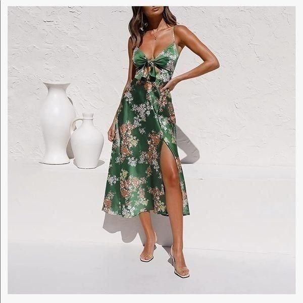 NEW Spaghetti Strap Tie Front Midi Dress