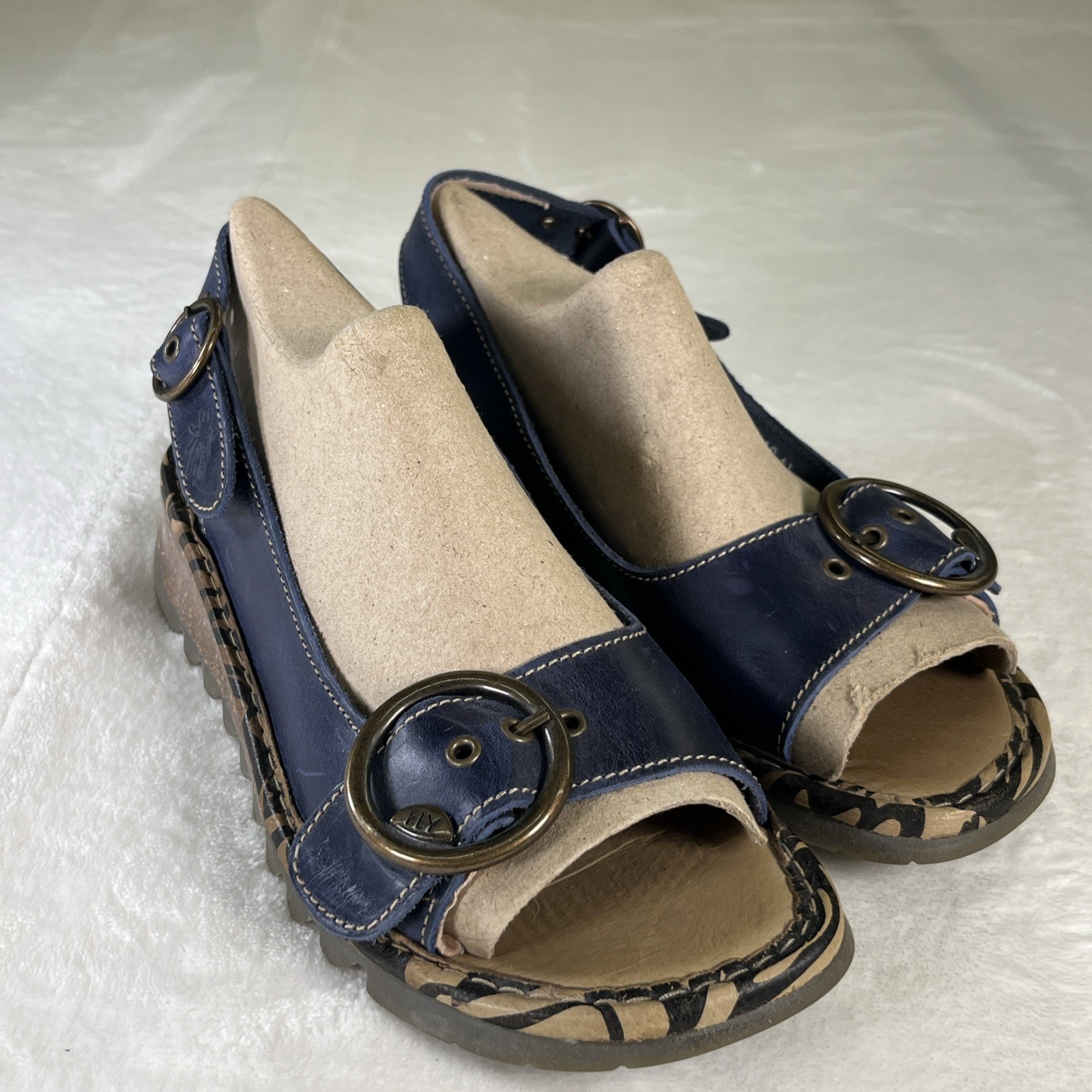 Fly London Tram Navy Blue Leather Women Size 41/10-10.5 Wedge Slingback Sandals