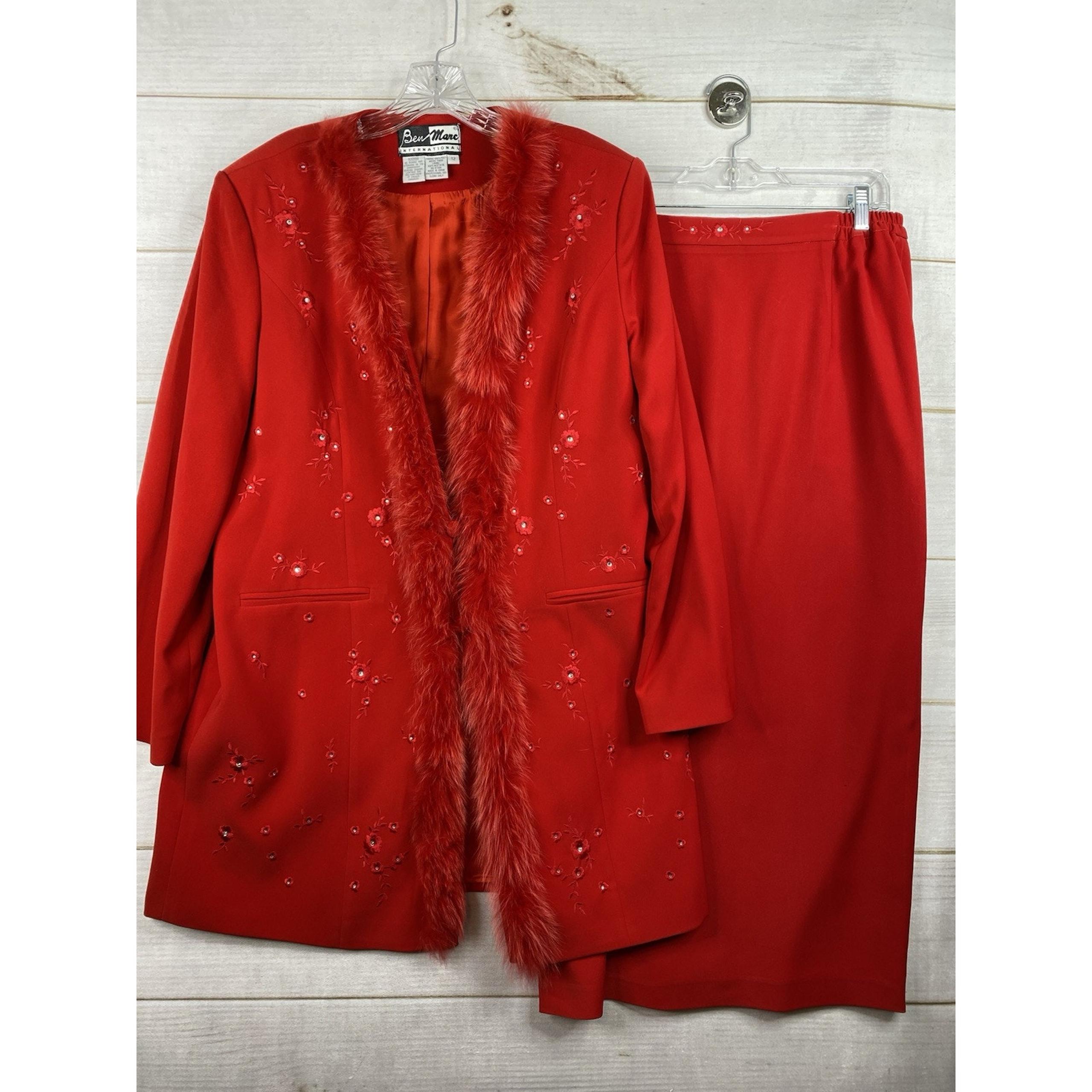 Ben Marc Black 2pc Skirt Suit Sz 12 Red Rhinestones Faux Fur Jacket Maxi Vtg