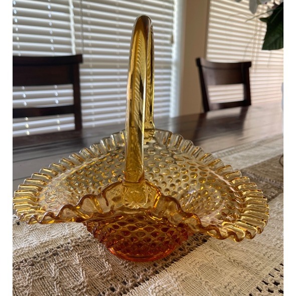Fenton Hobnail Ruffled Bride Basket Amber Large