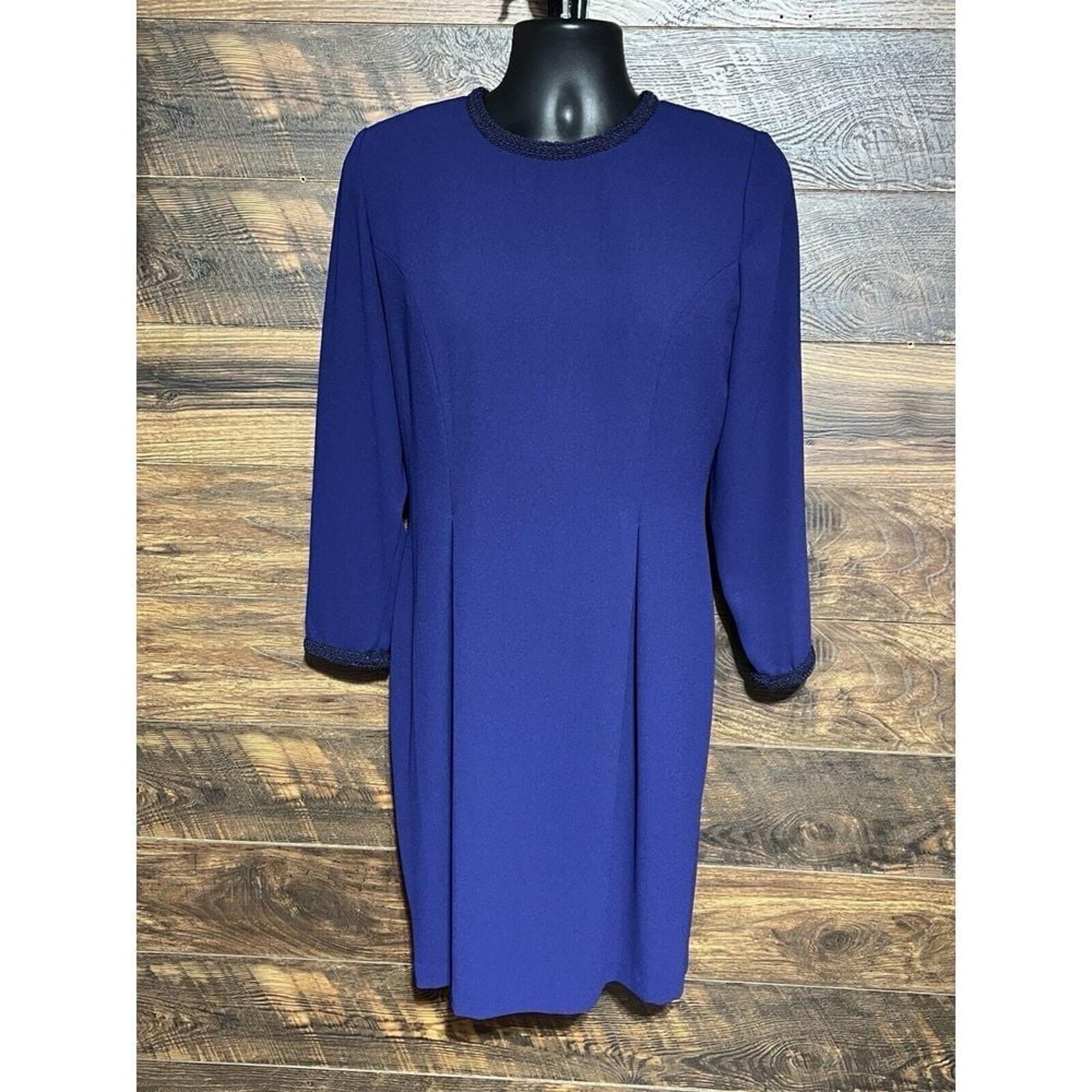 Ms Chaus Dress Women Sz 14 Blue Petites Cocktail Dress Embroidered Trim VGT