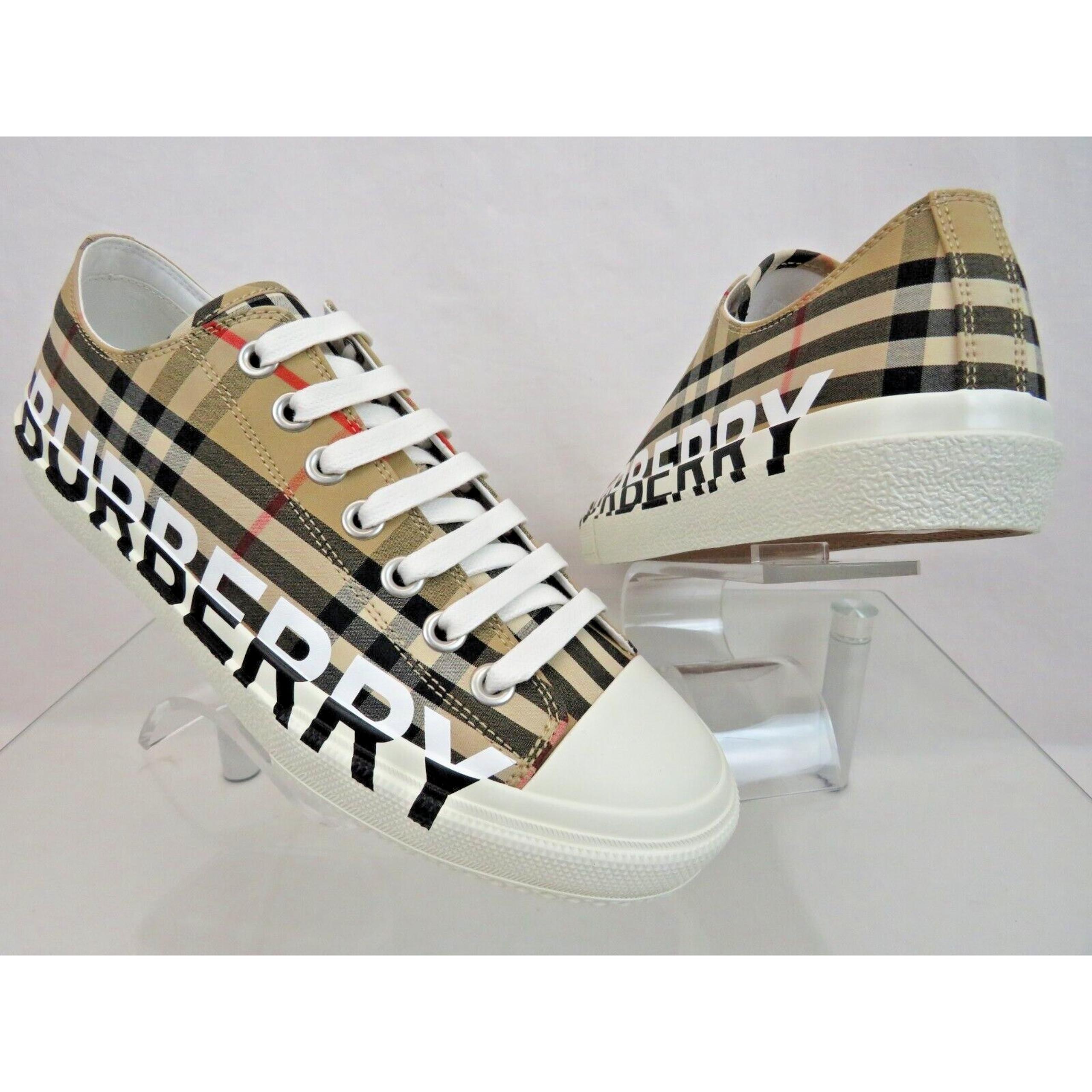 NIB BURBERRY LARKHALL BEIGE CHECK CANVAS LOGO WHITE CAP TOE UNISEX SNEAKERS 41.5