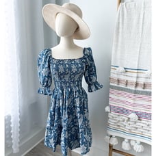 Perry Walker The Grace Blue Floral Short Puff Sleeves Cotton Mini Dress Medium