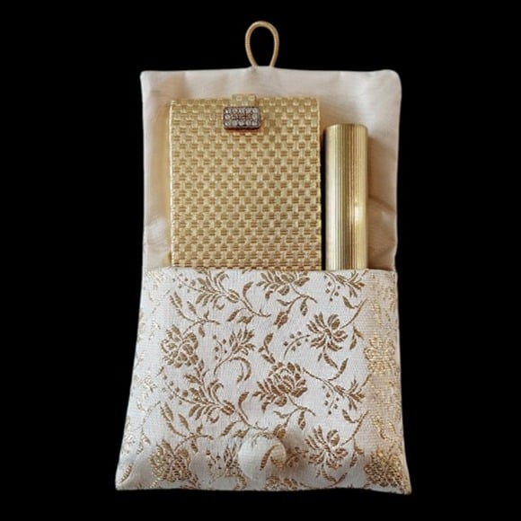 RARE 1960s Max Factor Golden Weave Brocade Packette Compact Gift Set
