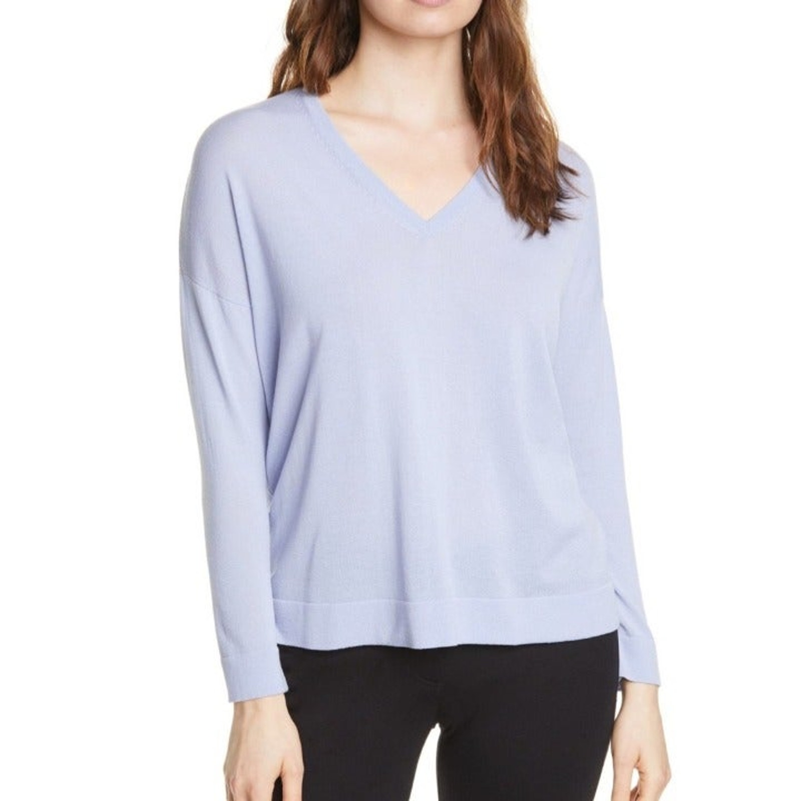 Eileen Fisher NWT Womens XS Lilac Purple V Neck Tunic Long Sleeve Tencel Sweater