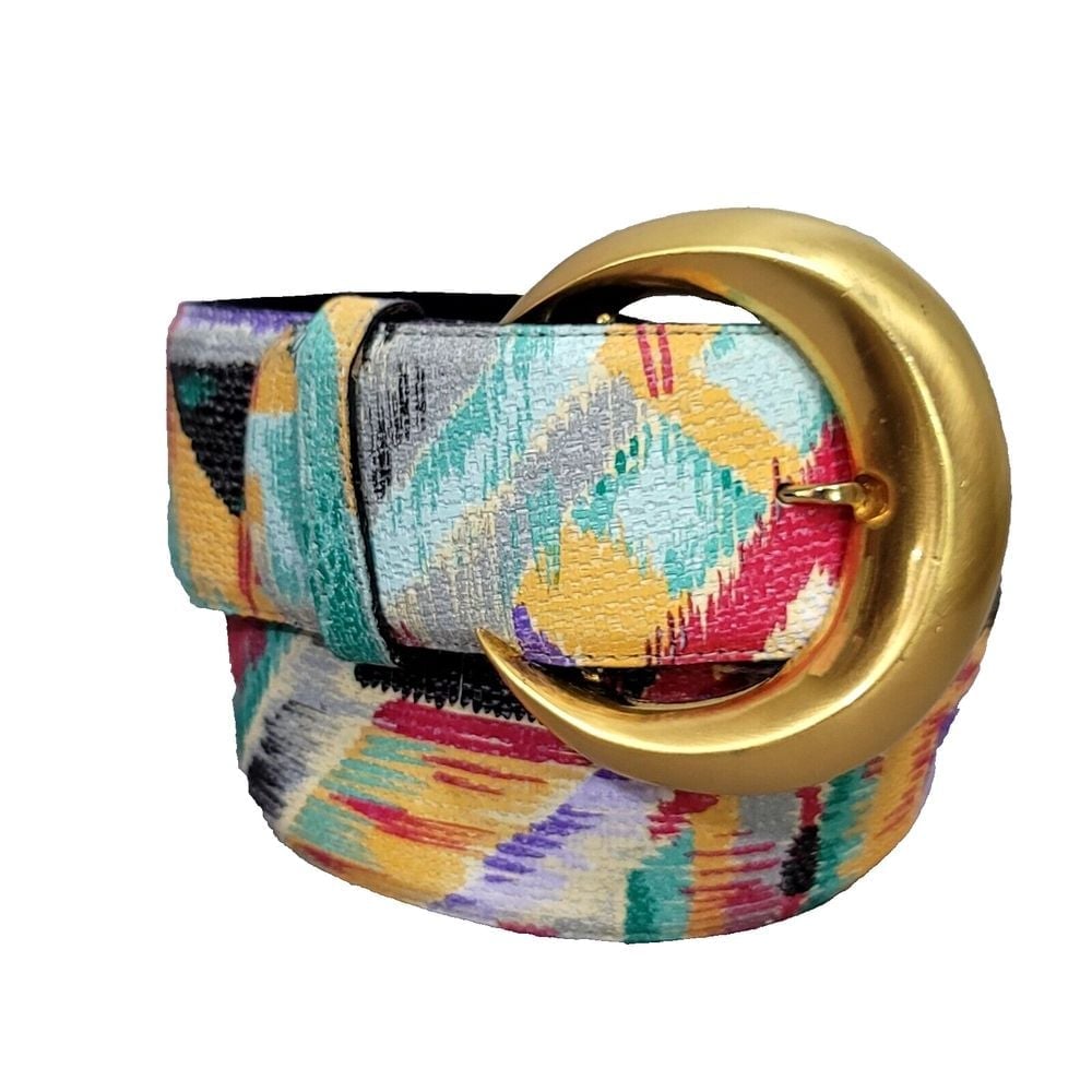 Vintage 80s C'IA Leather Gold Round Buckle Abstract Pattern Wide Waist Belt