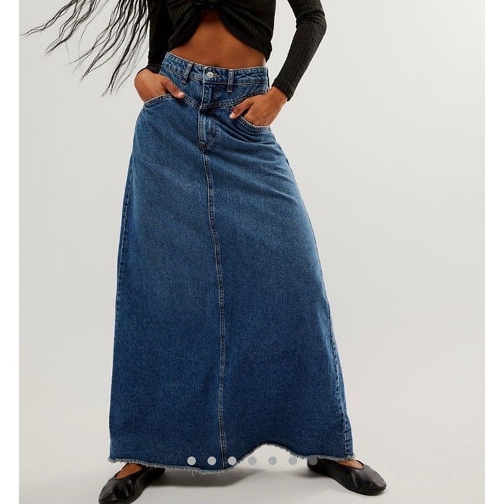 New Free People Come As You Are Denim Maxi Skirt Dark Indigo We The Free