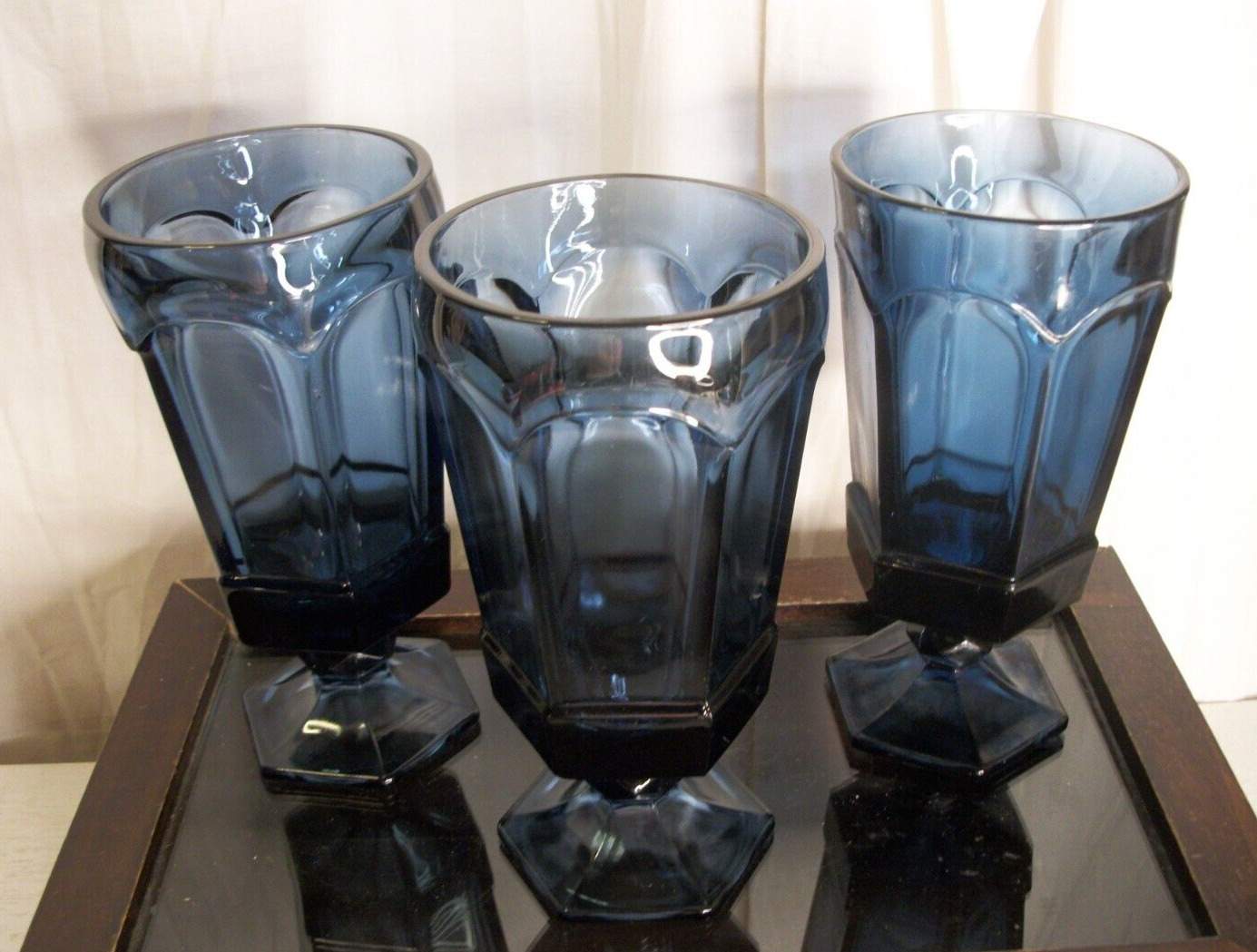 Fostoria Virginia Dark Blue Glass Stemmed Ice Tea Glasses Set of 3
