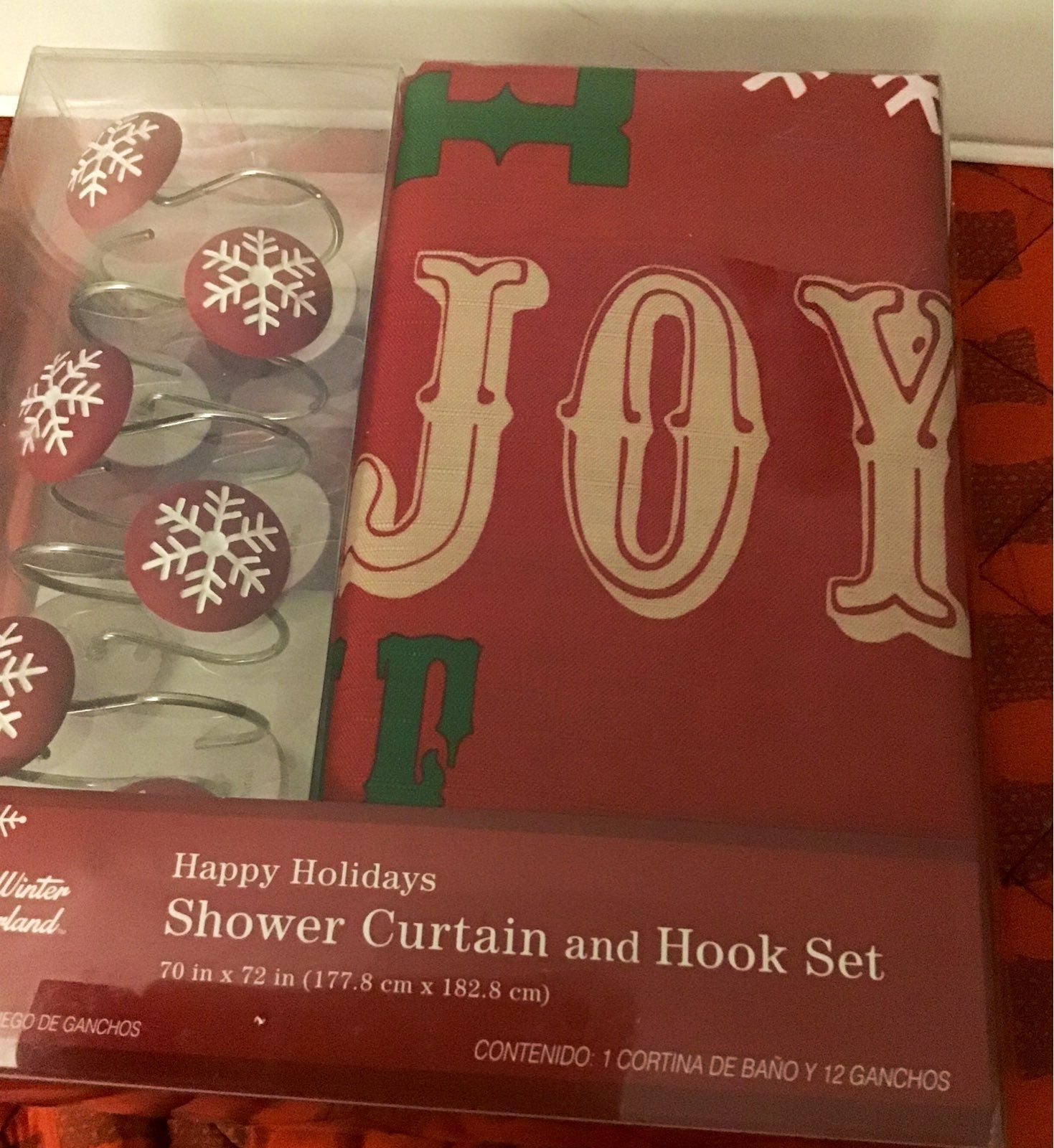 Red Christmas Snowflakes & Joy Shower Curtain Set with 12 Hooks Merry Xmas Glit