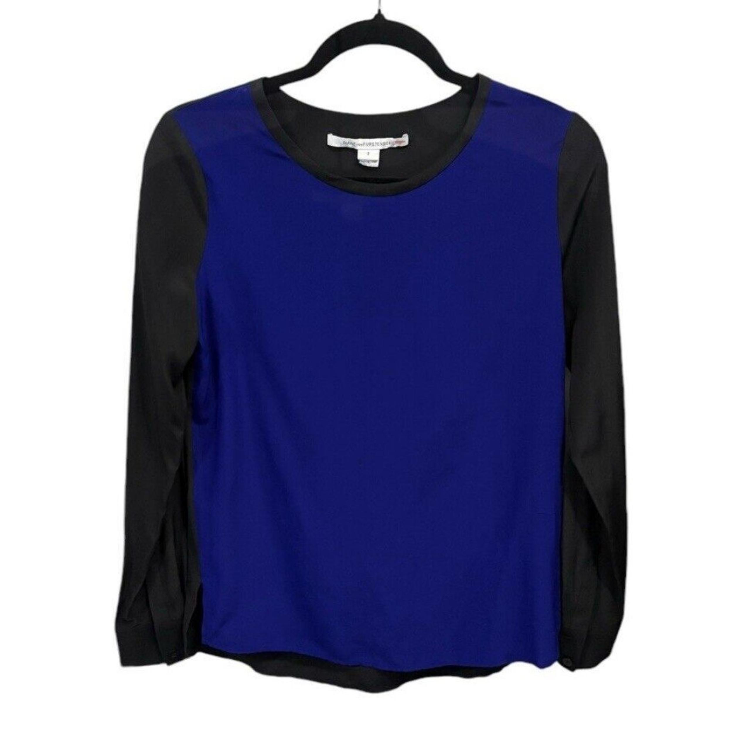 Diane Von Furstenberg Silk Color Block Blouse Size 2 Black/Royal