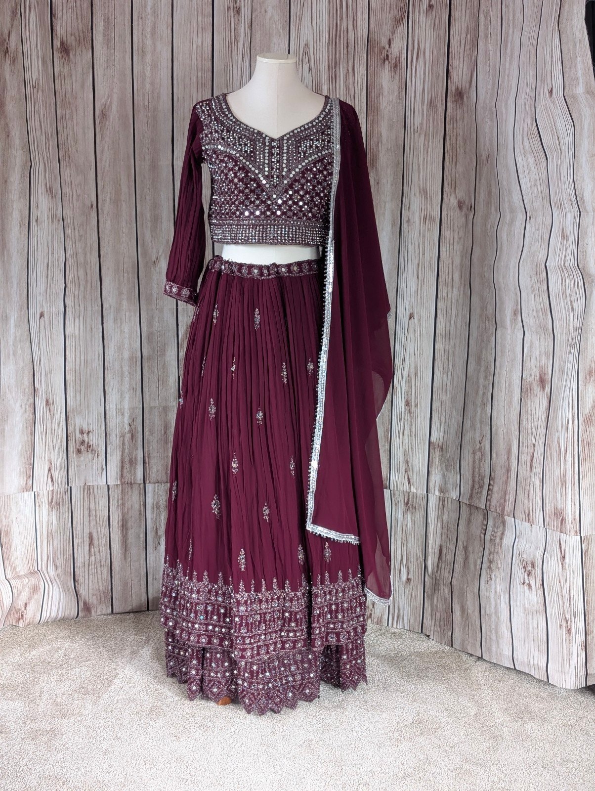Burgundy Maroon embroided lehenga, choli and dupatta