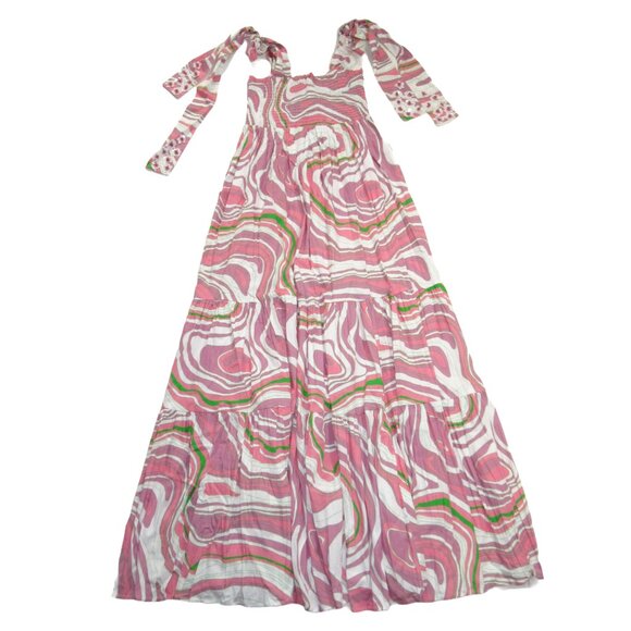 NWT Sheridan French Kelly in Pink Marble Cotton Smocked Tiered Maxi Dress S