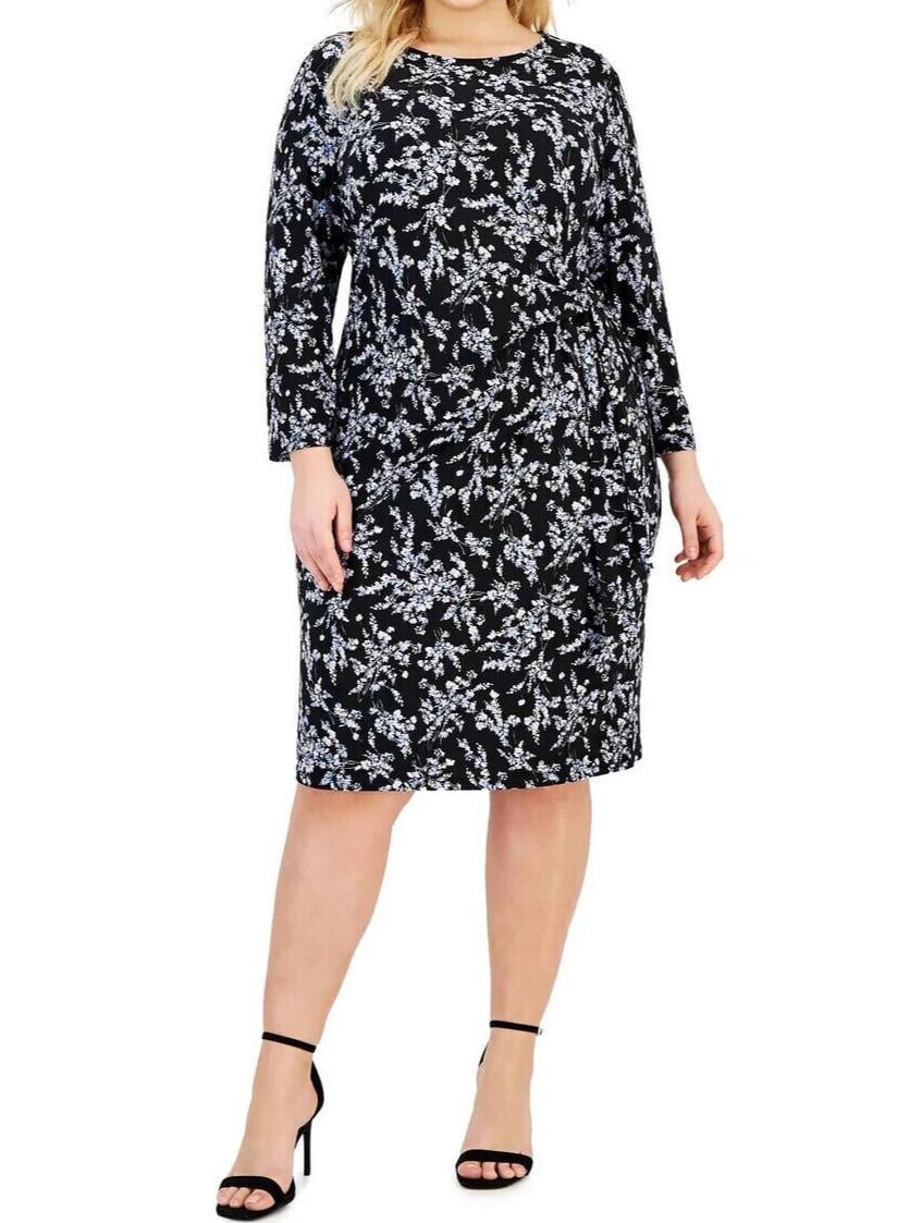 Kasper Women Faux Wrap Dress 2X Navy Blue, Pink Floral Print Plus Size New NWT