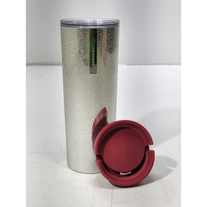Starbucks 2013 Pink Lidded Metallic Silver Droplet Textured Tumbler Cup 16 oz