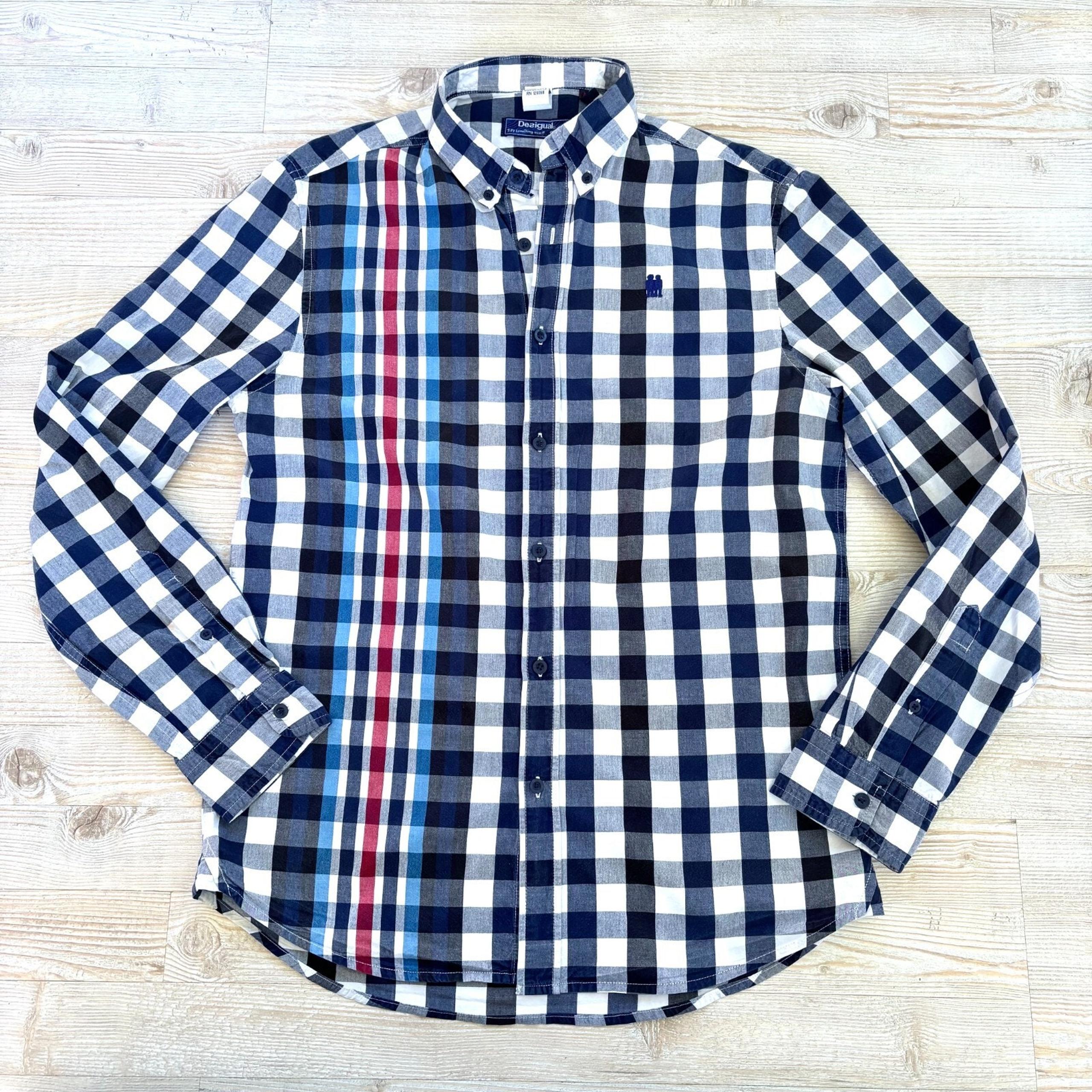 Desigual Men's Gingham Plaid Button Down Shirt | Navy/White Size Medium