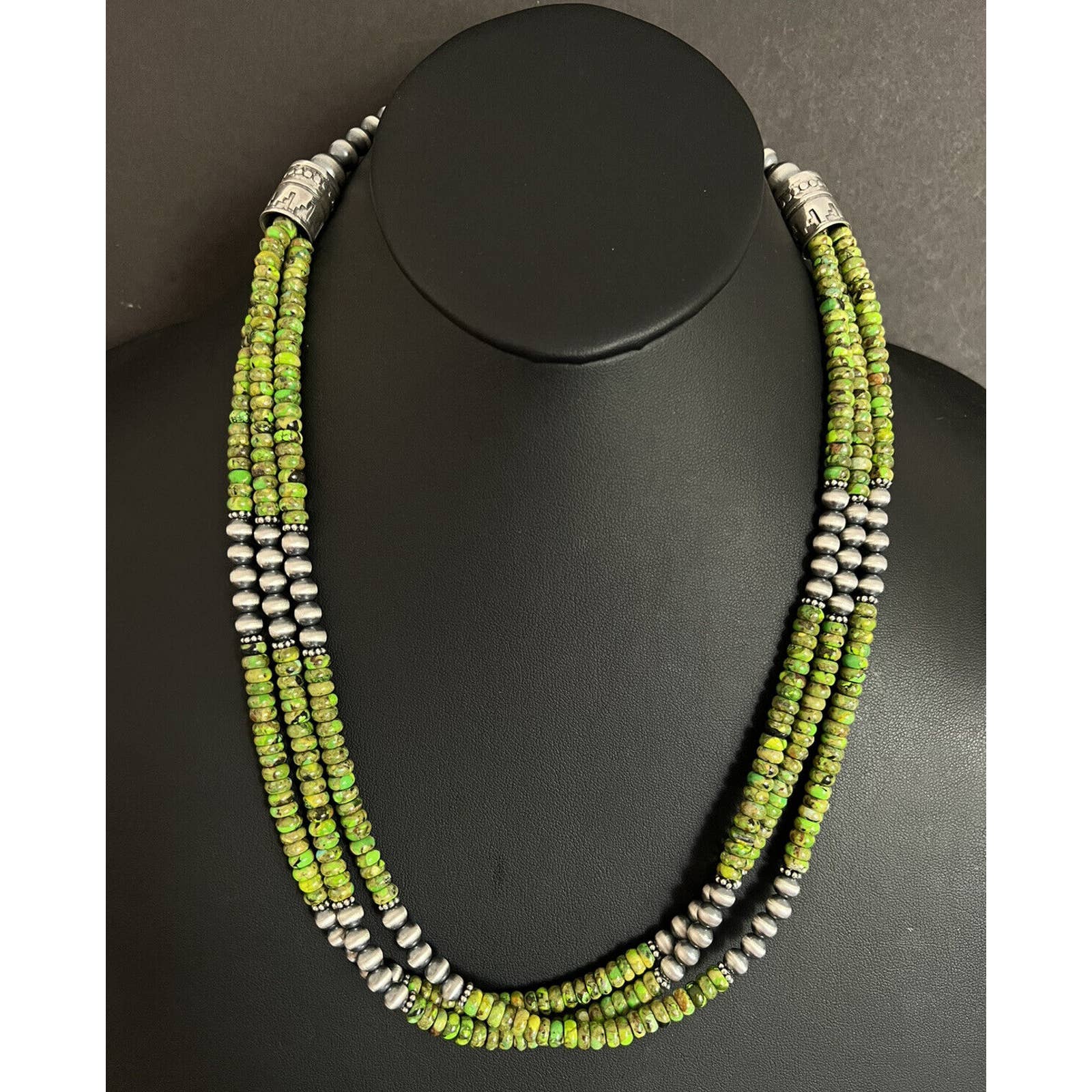 Sterling Silver Multi Strand Green Turquoise W Pearls Bead Necklace. 24 inch