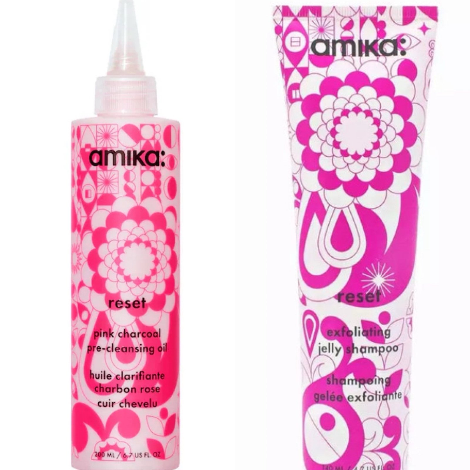 Amika Reset Pink Charcoal Scalp Cleansing Oil and Exfoliating Jelly Shampoo Duo