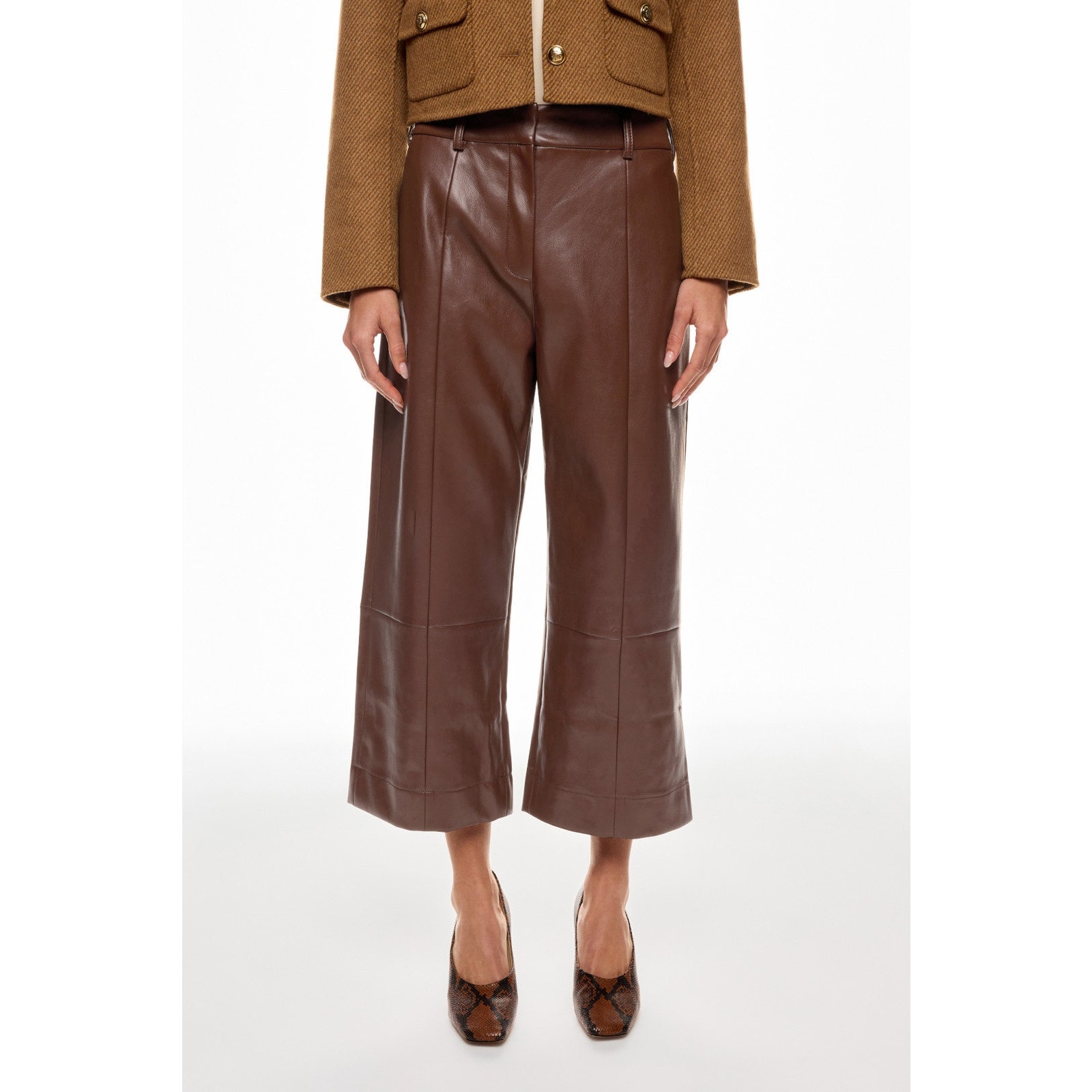 Jason Wu Faux Leather Wide Leg Trousers Cropped Brown High Rise Pants Sz 8
