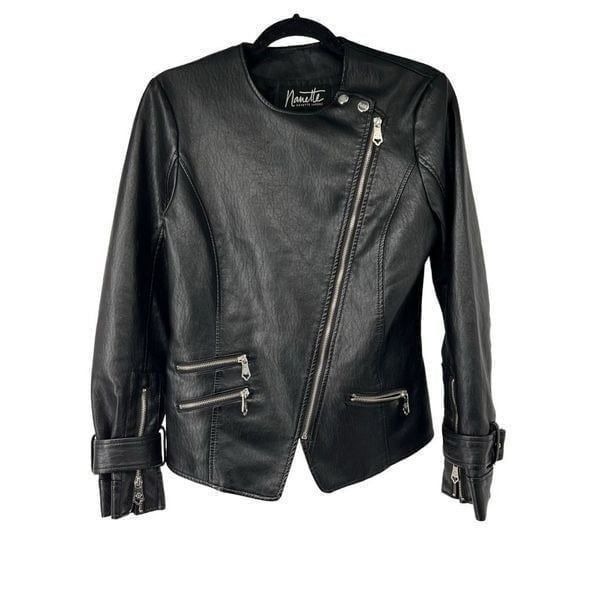 Nanette Lepore Black Faux Leather Diagonal Zip Moto Jacket Sz S