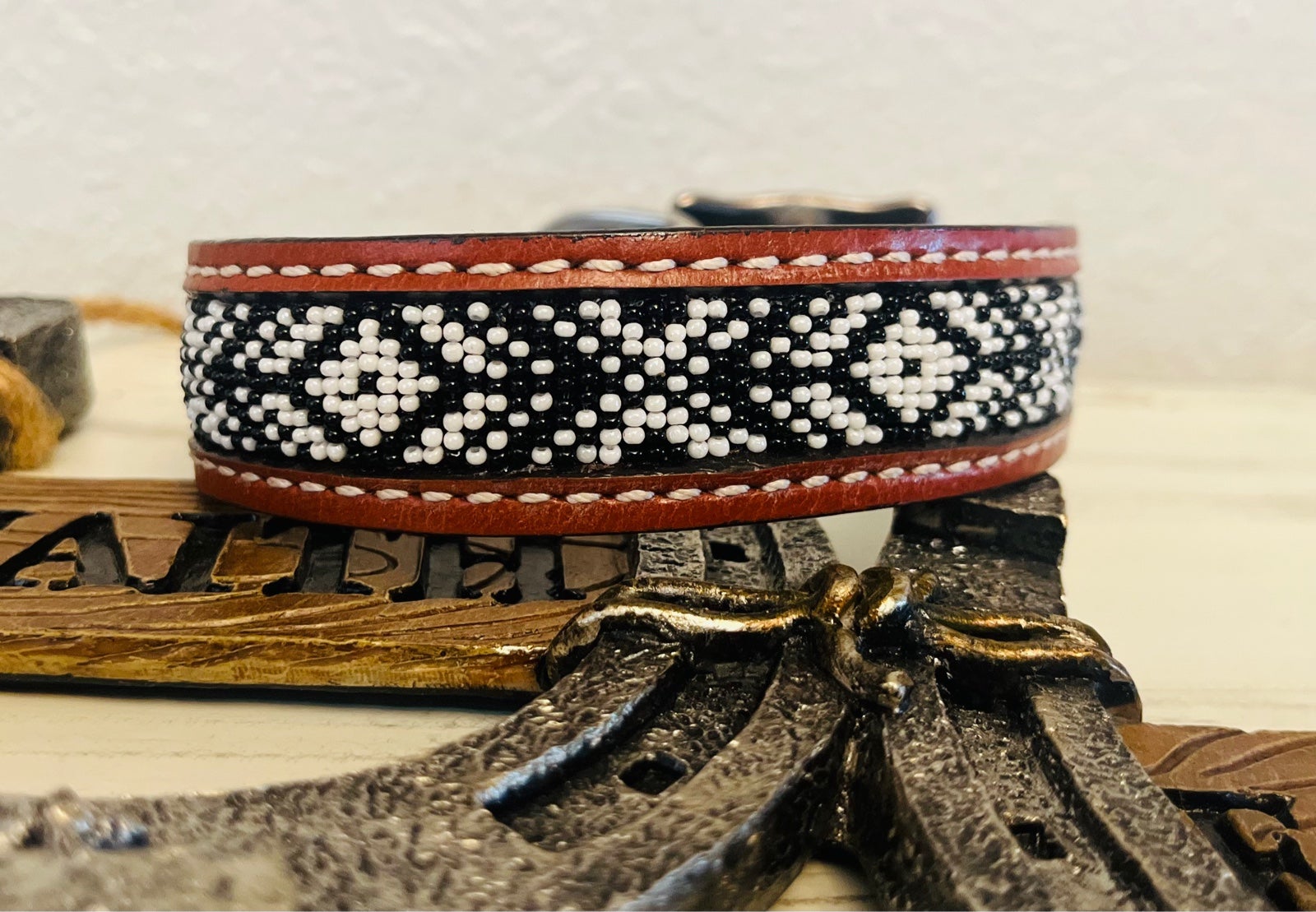 Beaded leather dog collar