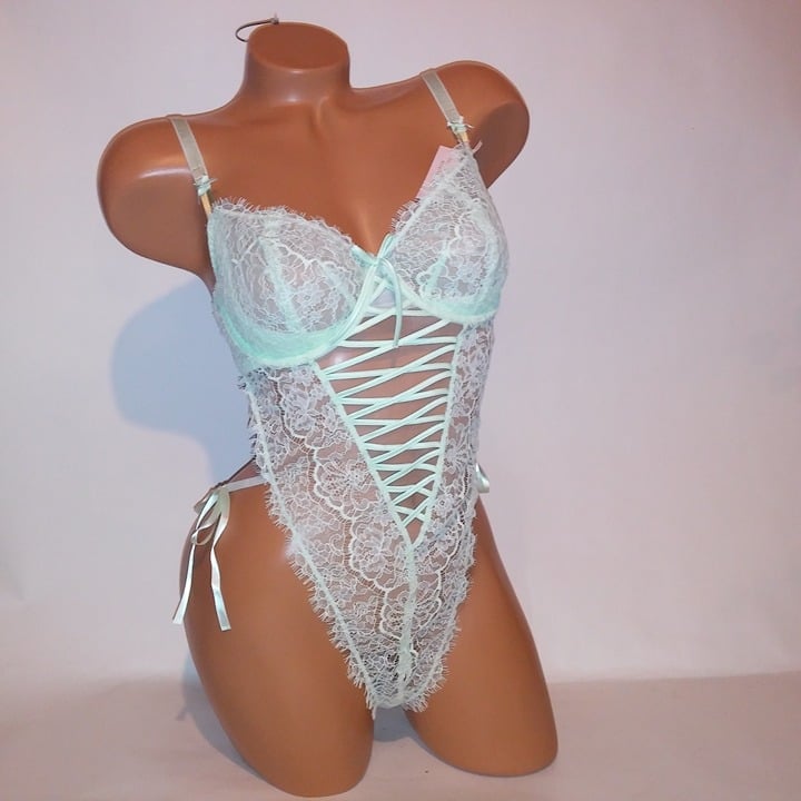Victoria Secret Lingerie Teddy One Piece Bodysuit Mint Green Wicked Lace Large