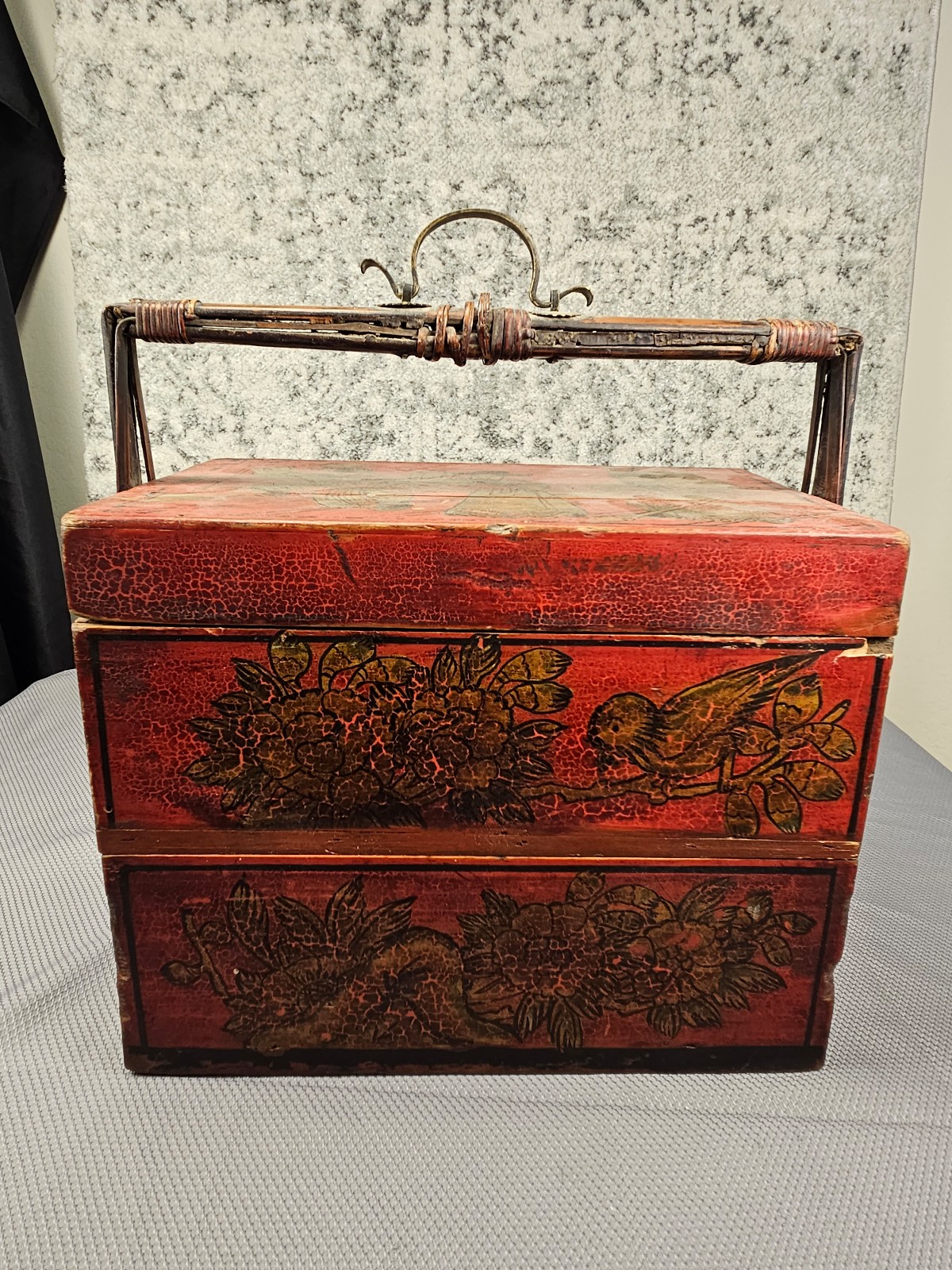 Antique Chinese wood lacquered 3 Tiered wedding basket