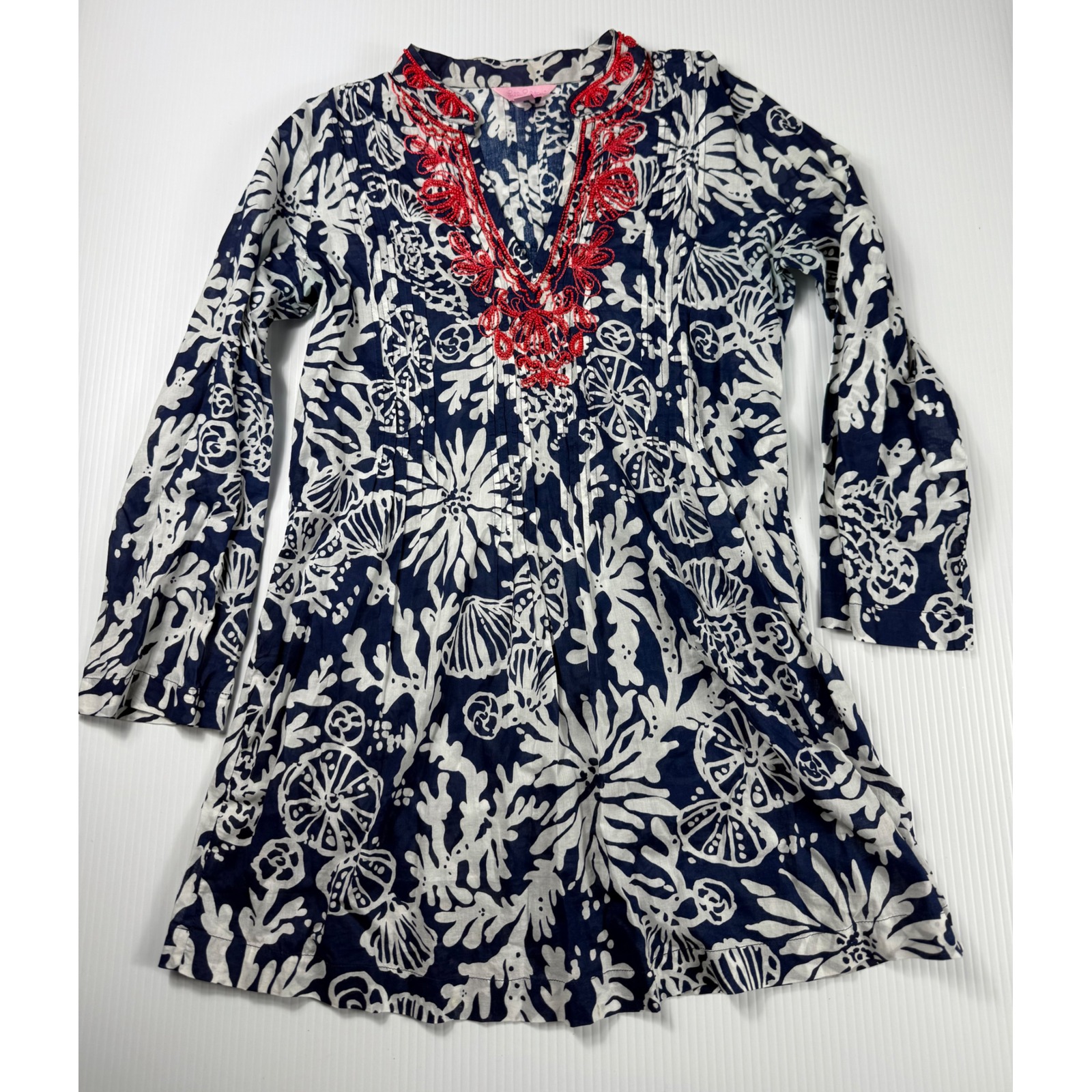 Lilly Pulitzer Tunic Top Embroidered V Neck Long Sleeve XS