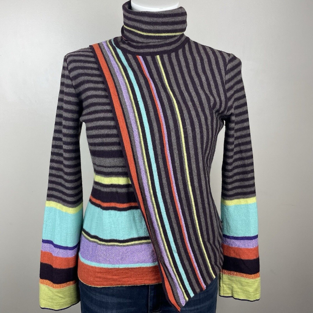 Kenzo Jungle Retro Artsy Striped Colorblock Bodycon Turtleneck Sweater Size S