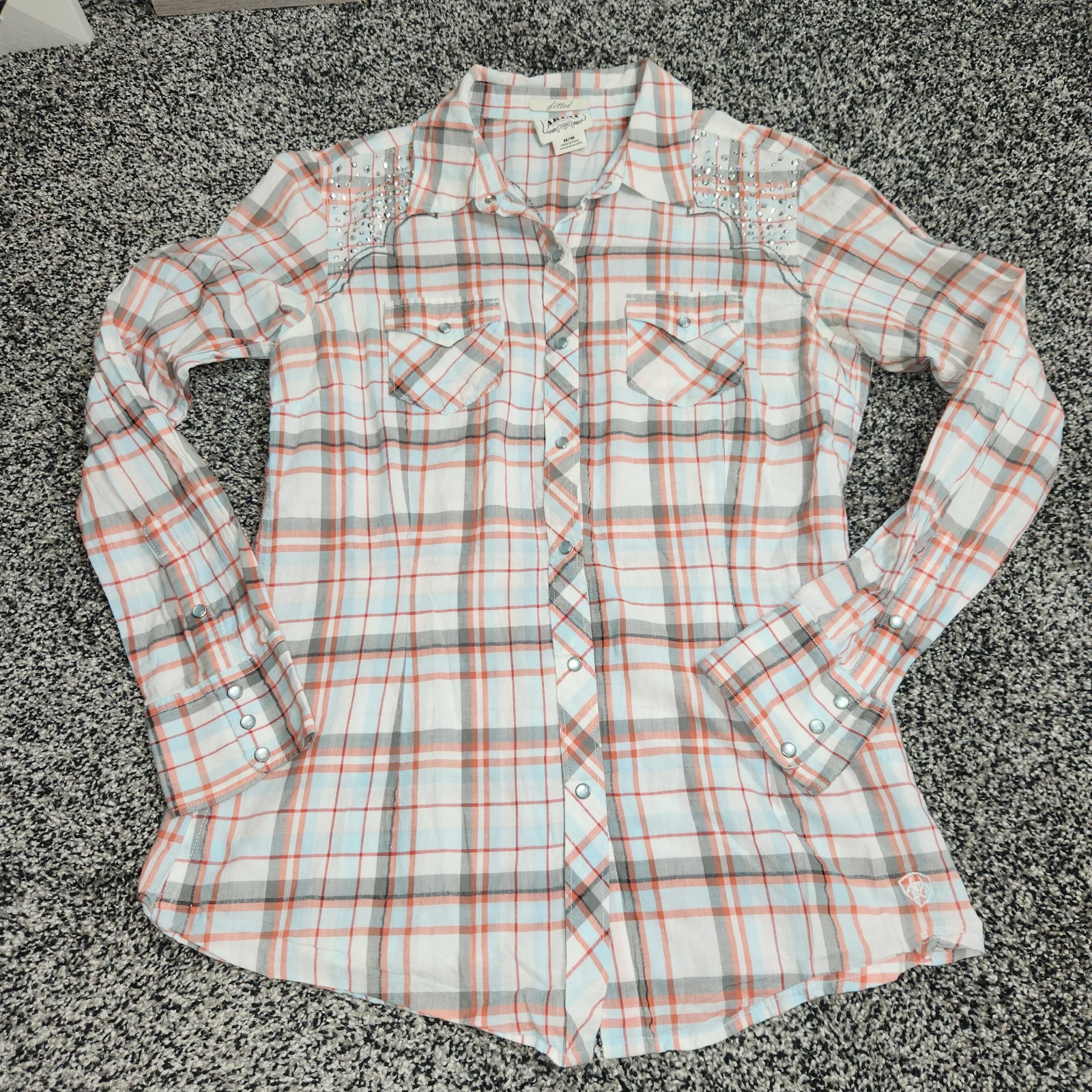 Ariat Fitted Women M Red Gray Blue Plaid Pearl Snap Long Sleeve Rhinestone Bling