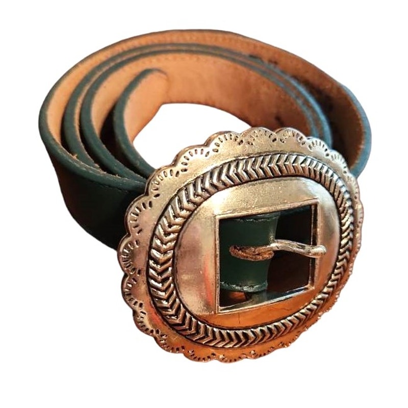 Vintage Nocona Green Adjustable Belt Large Silver Buckle Size 34 Made in Texas