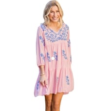 J.Marie Madeline Pink Embroidered Boho Swing Mini Dress Size Small